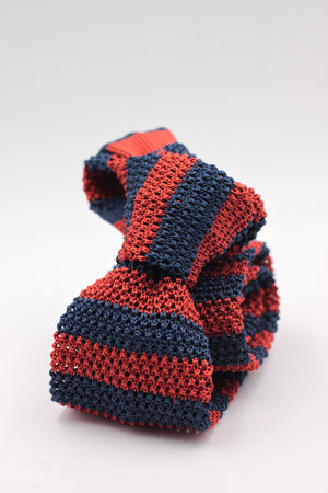 Cruciani & Bella 100% Knitted Silk Blue and Dark Orange stripe tie Handmade in Italy 6 cm x 147 cm