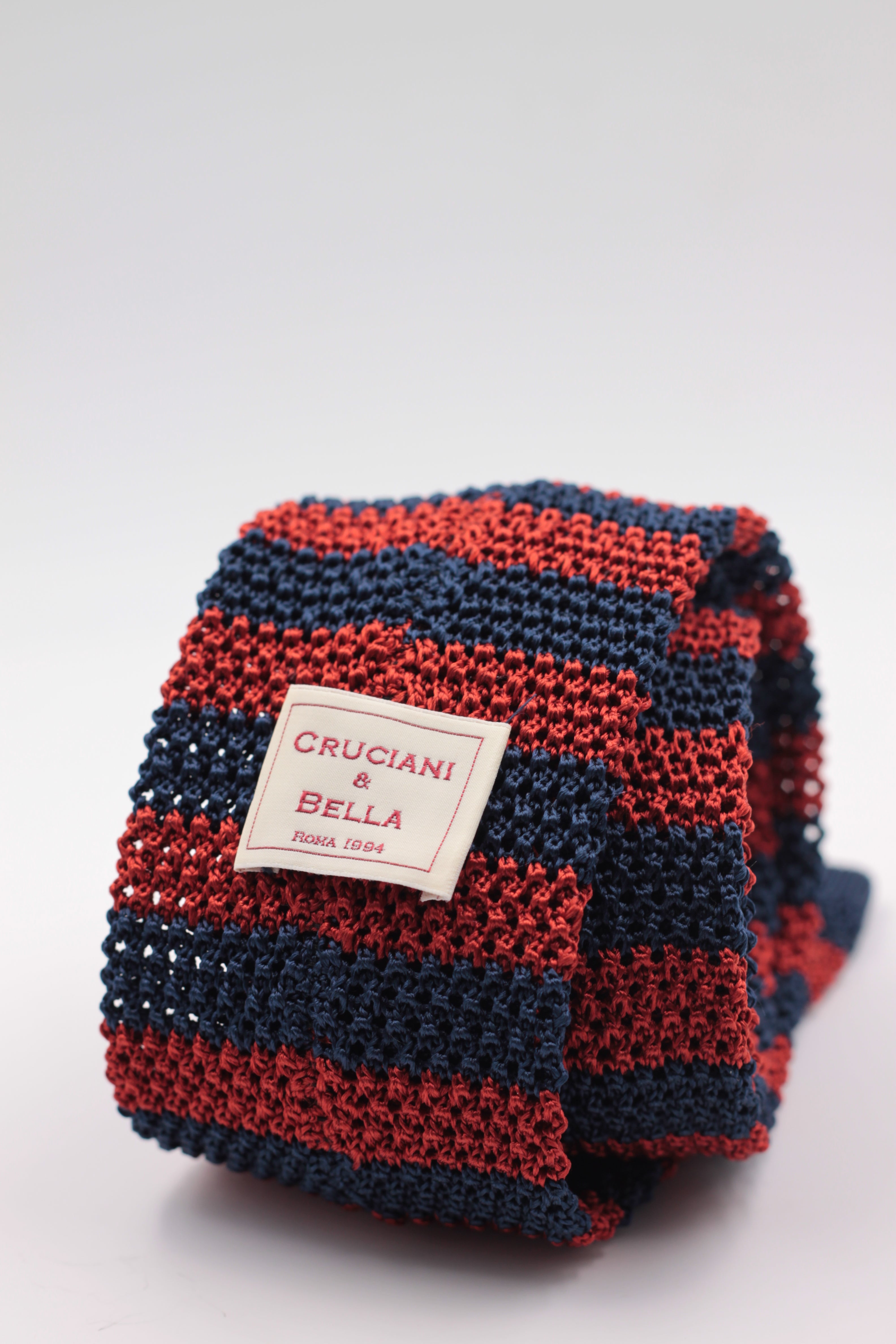 Cruciani & Bella 100% Knitted Silk Blue and Dark Orange stripe tie Handmade in Italy 6 cm x 147 cm