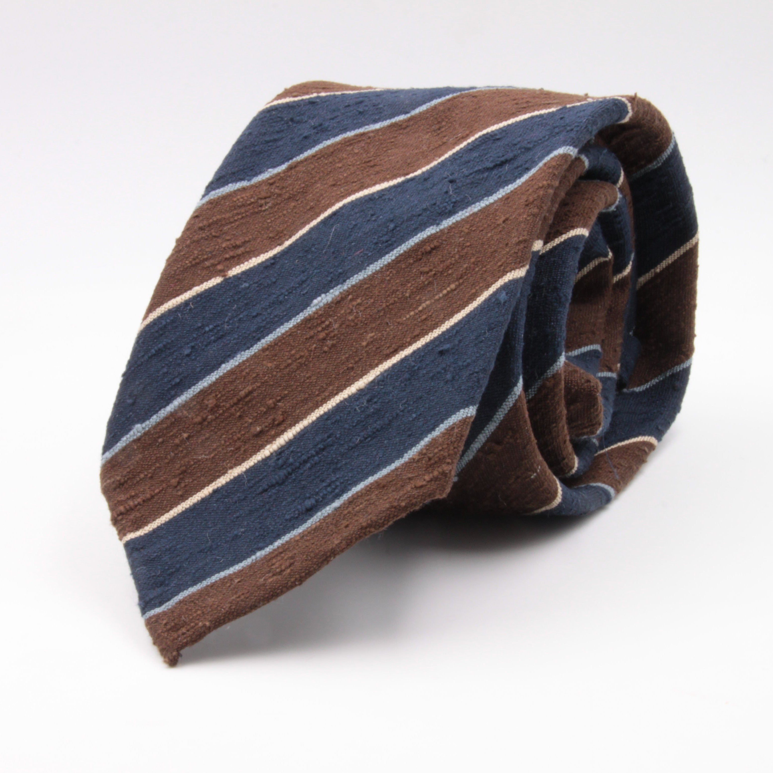 Cruciani & Bella 100% Silk Shantung Unlined Hand rolled blades Blue, Brown, Blue Sky and Yellow stripe tie Handmade in Italy 8 cm x 150 cm