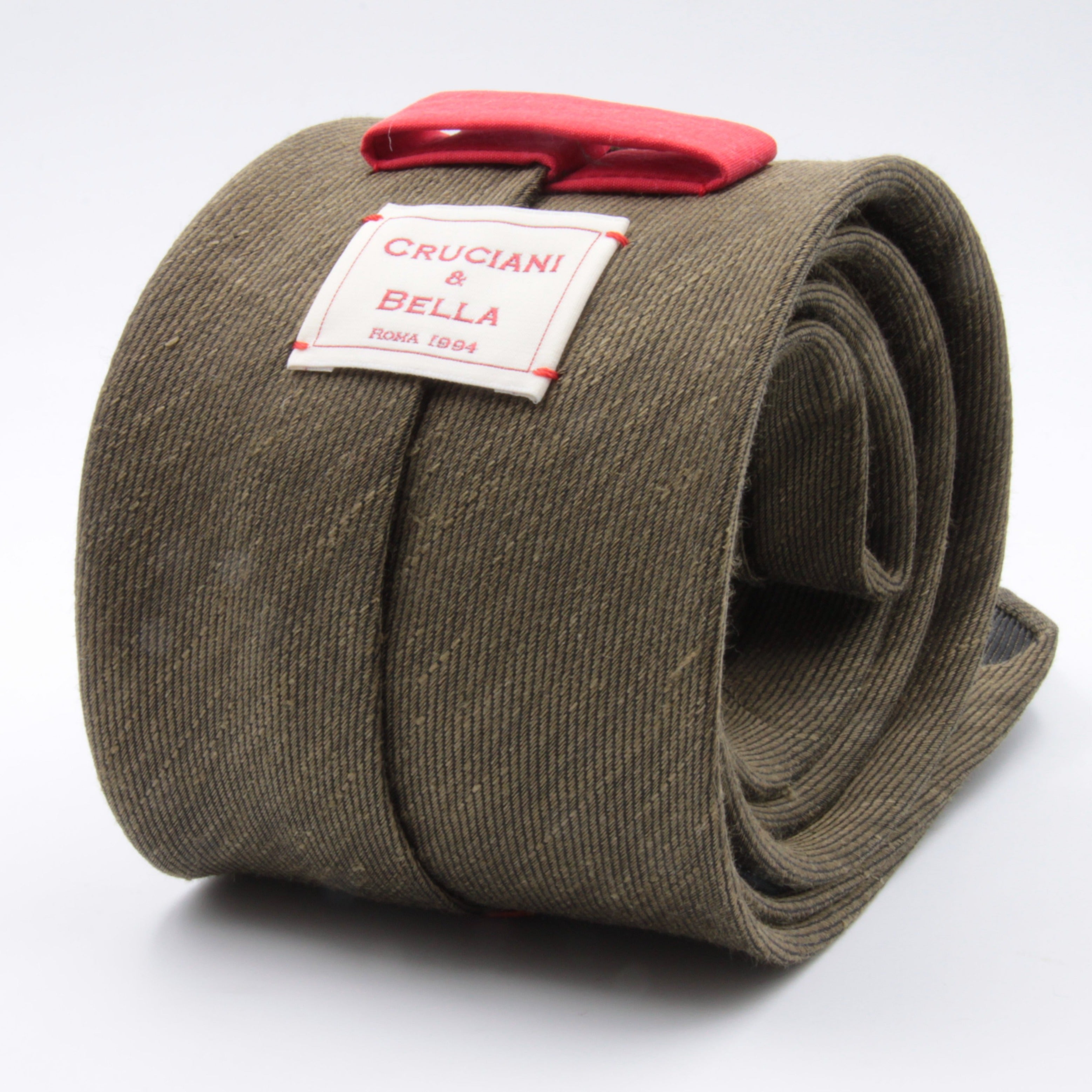 Cruciani & Bella 60% Linen, 40% Silk  Italian fabric Unlined Military Green unlined plain tie Handmade in Italy 8 cm x 150 cm
