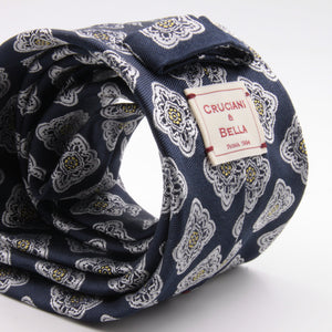 Cruciani & Bella 100% Silk Jacquard  Blue navy, light yellow and white geometrical motif tie Handmade in Italy 8 cm x 150 cm #4422