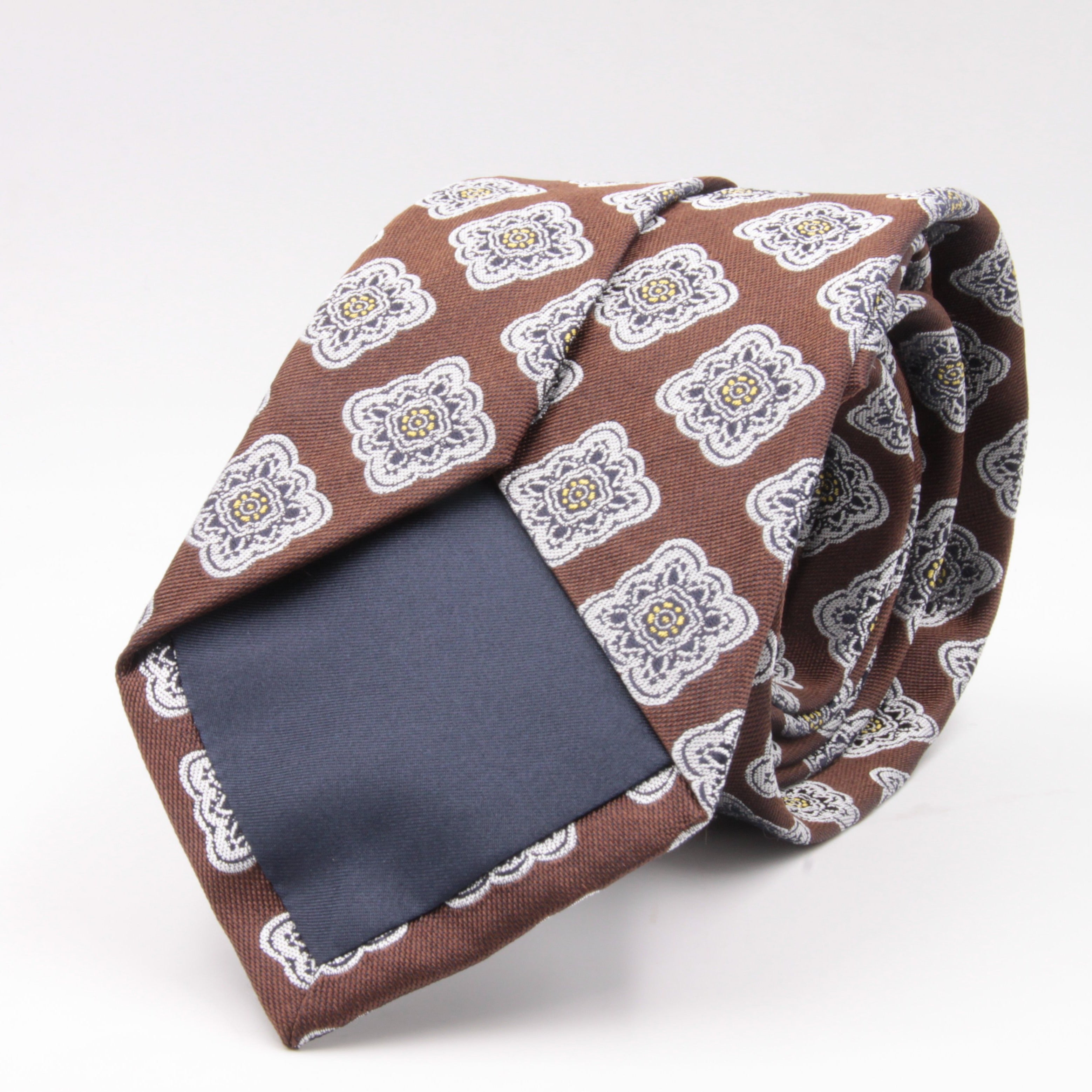 Cruciani & Bella 100% Silk Jacquard  Brown, Navy, Light yellow and White geometrical motif tie Handmade in Italy 8 cm x 150 cm #4421