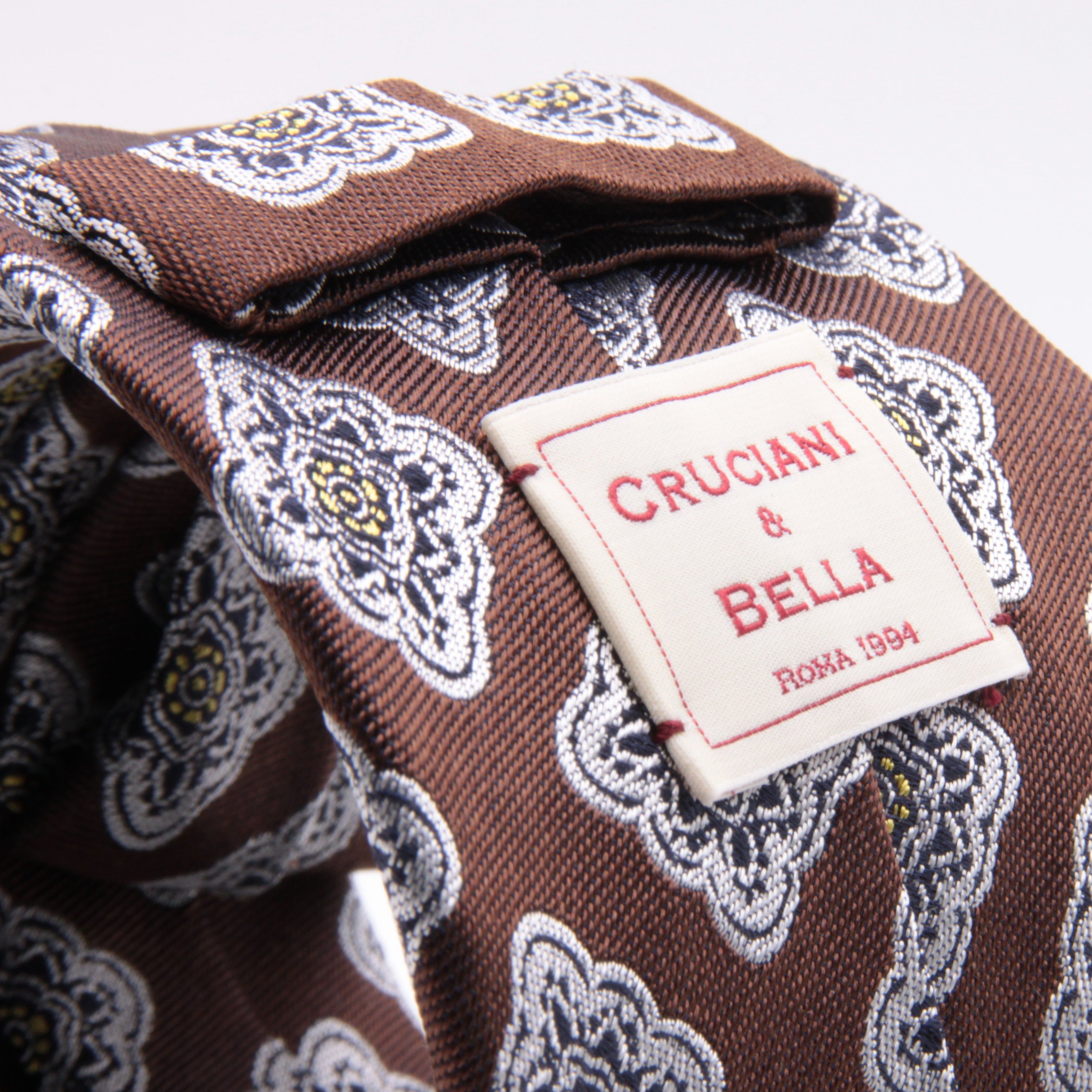 Cruciani & Bella 100% Silk Jacquard  Brown, Navy, Light yellow and White geometrical motif tie Handmade in Italy 8 cm x 150 cm #4421