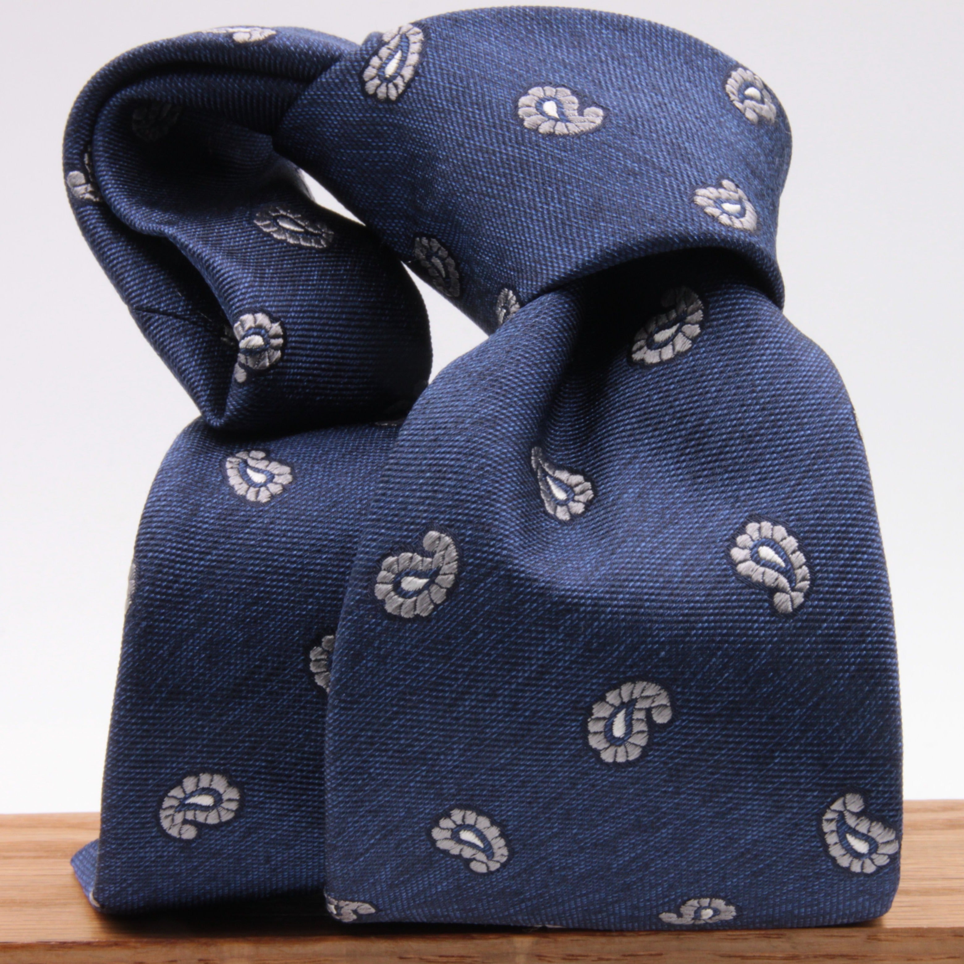 Cruciani & Bella 100% Silk Jacquard  Denim Blue and LightGrey Paisley Tie Handmade in Italy 8 cm x 150 cm #4439