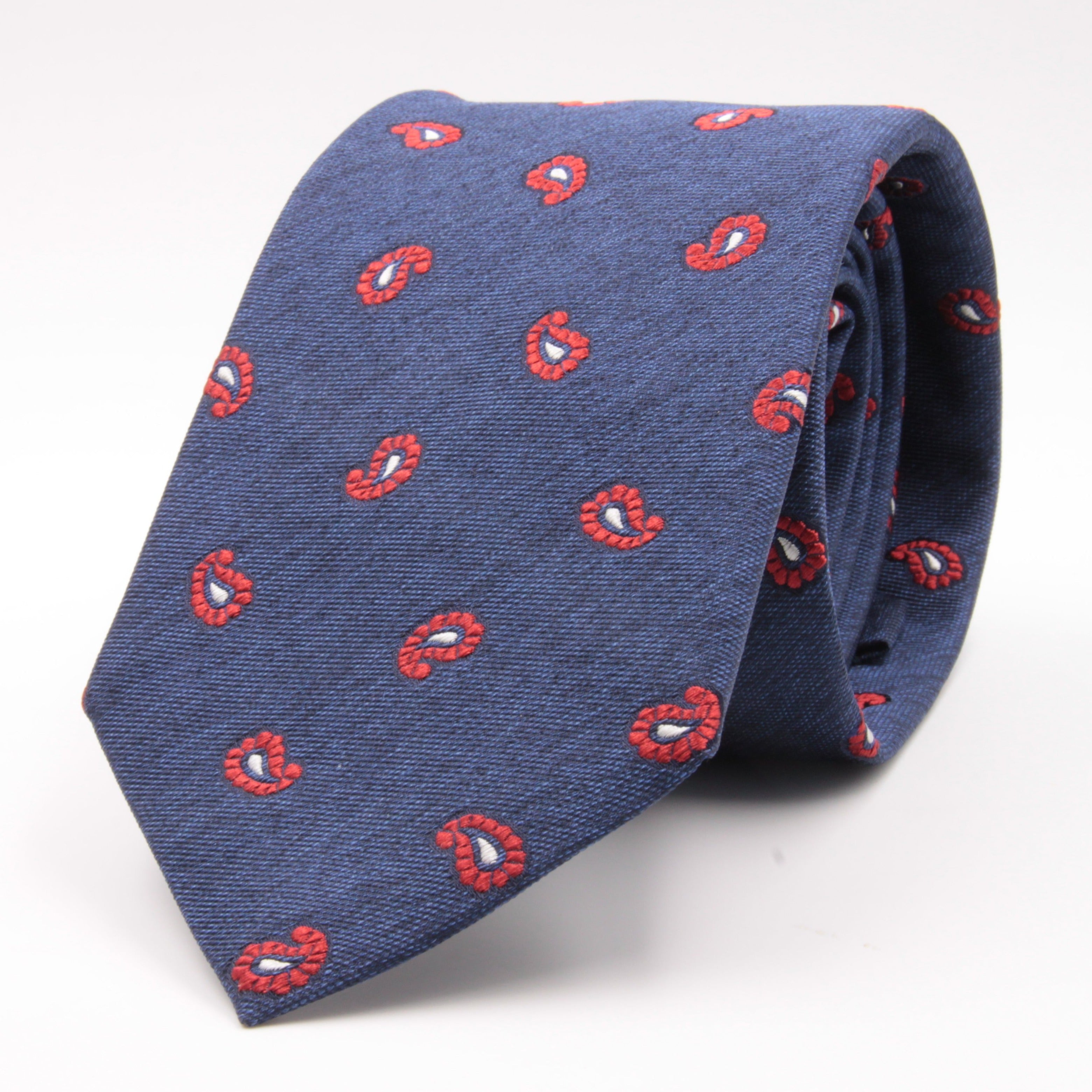 Cruciani & Bella 100% Silk Jacquard  Denim Blue and Red Paisley Tie Handmade in Italy 8 cm x 150 cm #4440  
