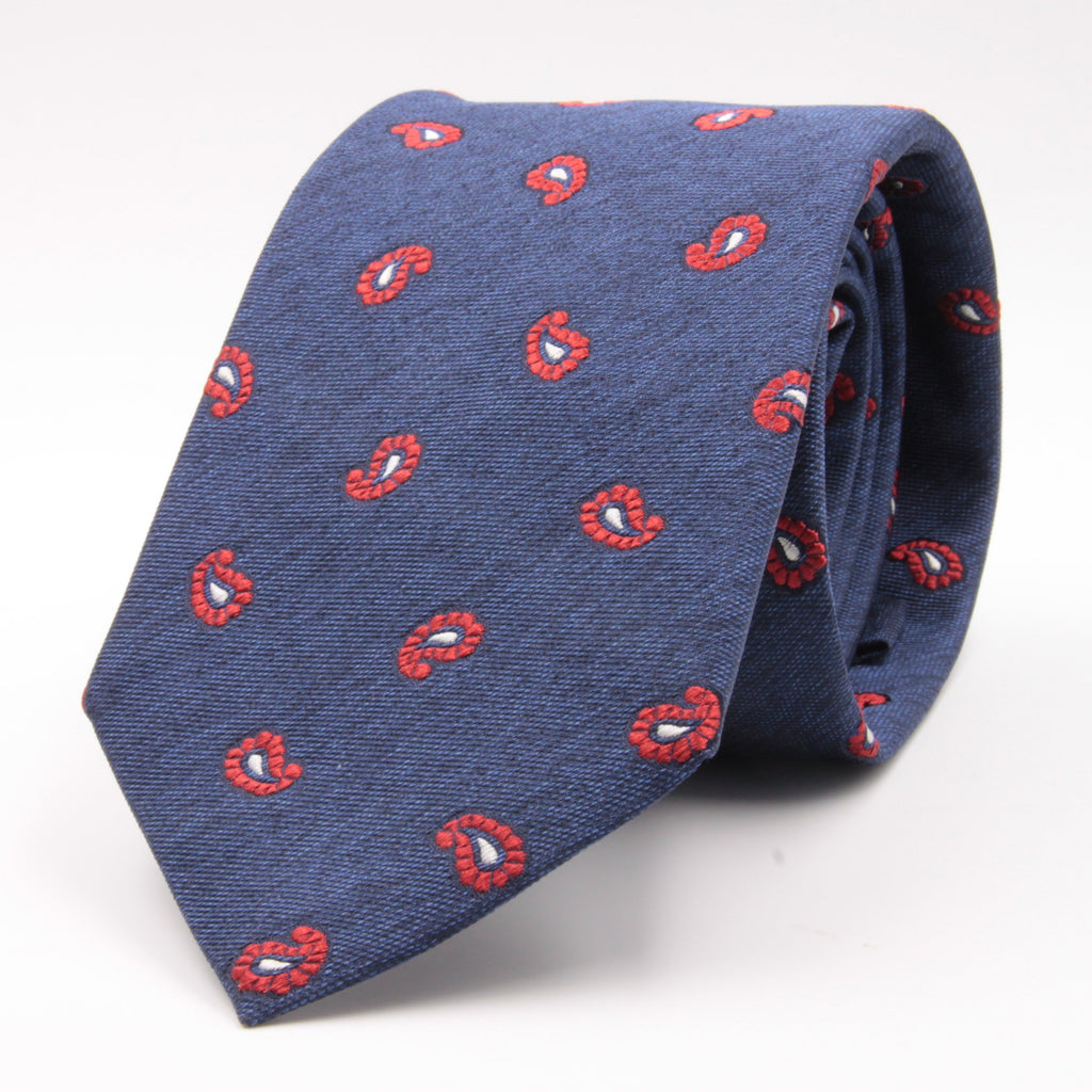 Cruciani & Bella 100% Silk Jacquard  Denim Blue and Red Paisley Tie Handmade in Italy 8 cm x 150 cm #4440  