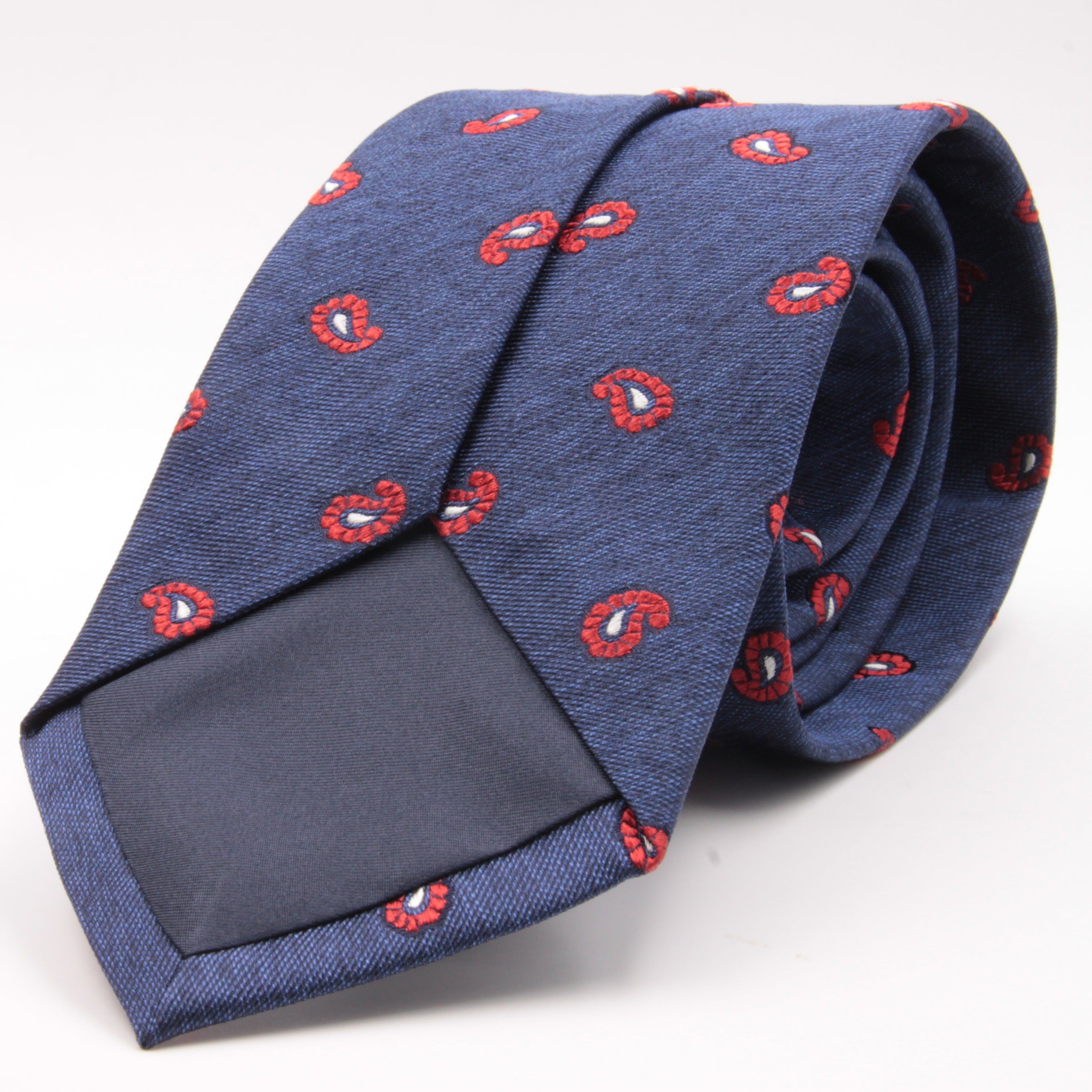 Cruciani & Bella 100% Silk Jacquard  Denim Blue and Red Paisley Tie Handmade in Italy 8 cm x 150 cm #4440  