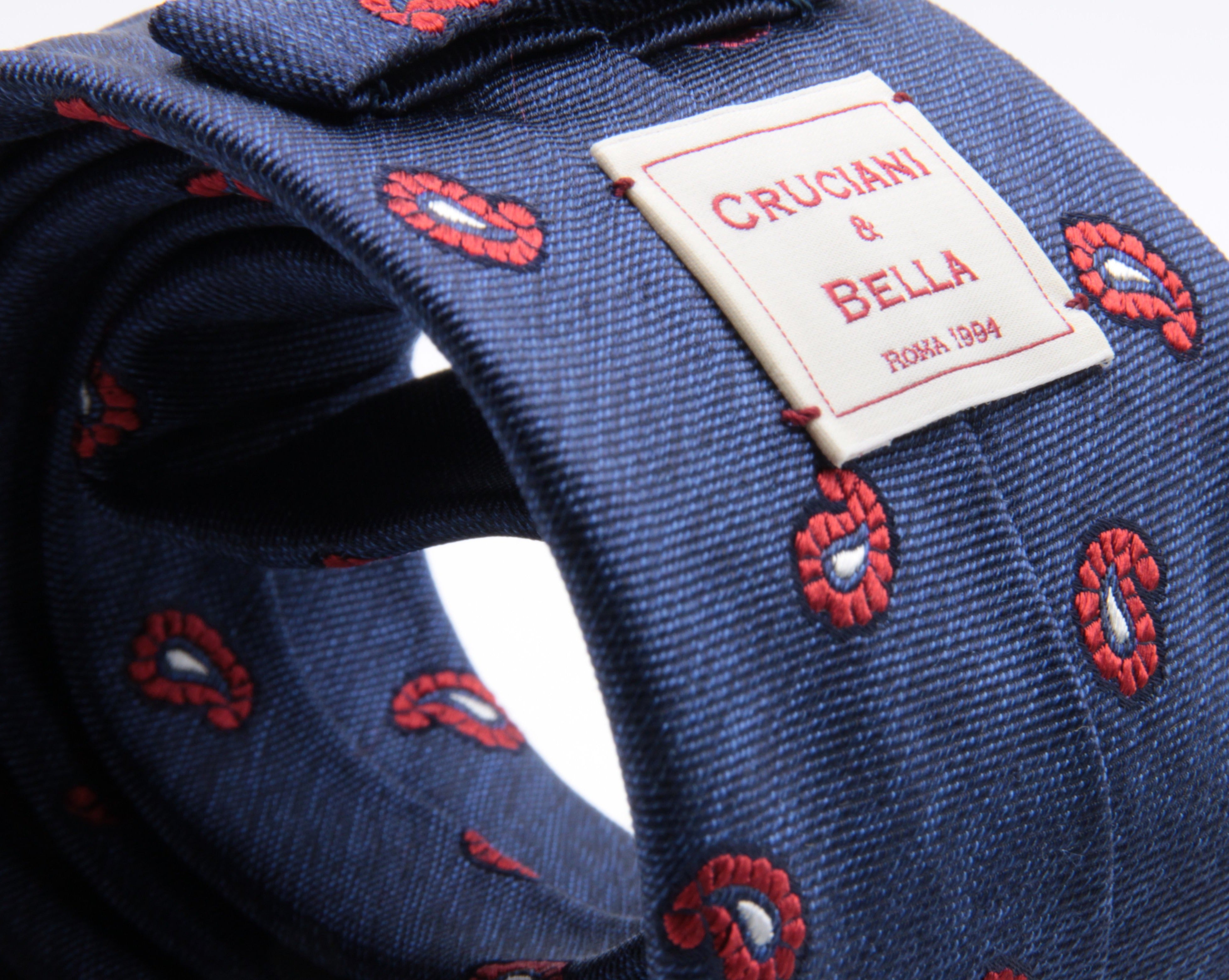 Cruciani & Bella 100% Silk Jacquard  Denim Blue and Red Paisley Tie Handmade in Italy 8 cm x 150 cm #4440  