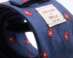 Cruciani & Bella 100% Silk Jacquard  Denim Blue and Red Paisley Tie Handmade in Italy 8 cm x 150 cm #4440  