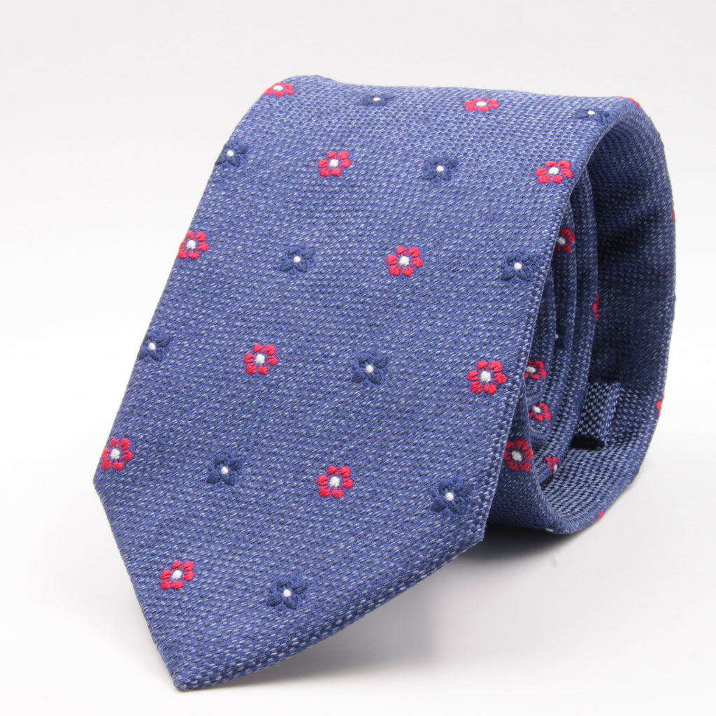 Cruciani & Bella 100% Silk Jacquard  Denim Blue, Red and Blue Flowers Tie Handmade in Italy 8 cm x 150 cm #4430  