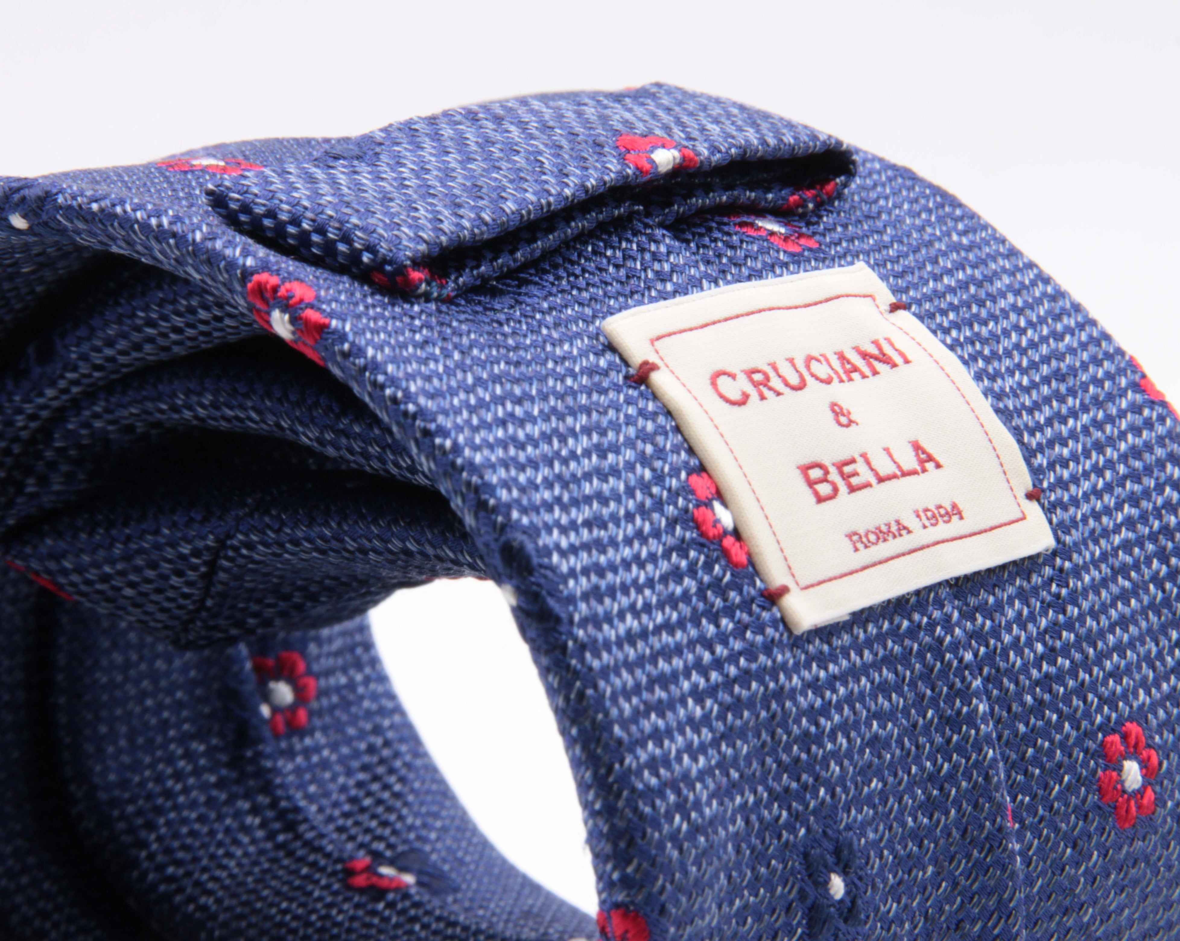 Cruciani & Bella 100% Silk Jacquard  Denim Blue, Red and Blue Flowers Tie Handmade in Italy 8 cm x 150 cm #4430  