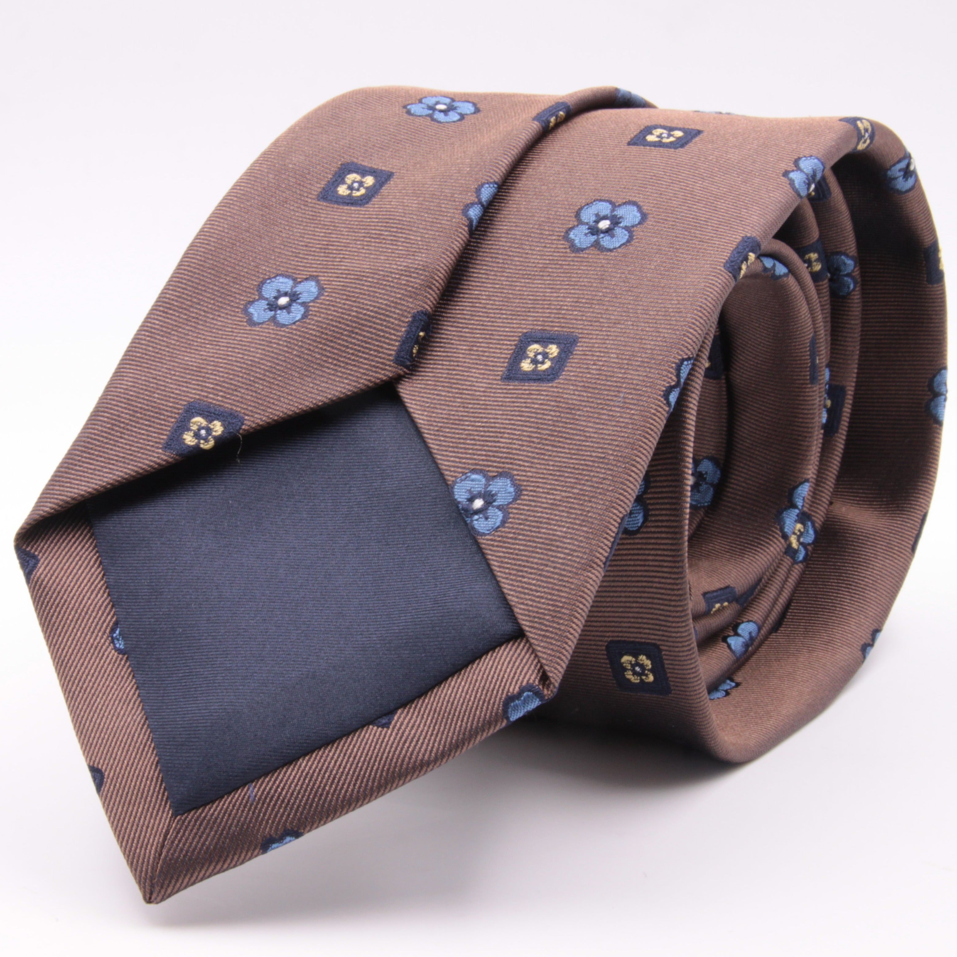Cruciani & Bella 100% Silk Jacquard  Brown, Blue, Yellow and Light Blue Flowers Tie Handmade in Italy 8 cm x 150 cm #4478