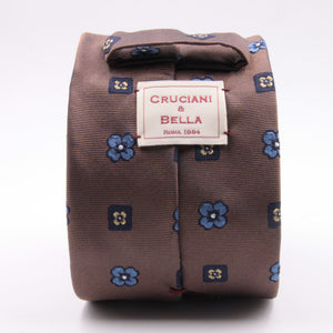 Cruciani & Bella 100% Silk Jacquard  Brown, Blue, Yellow and Light Blue Flowers Tie Handmade in Italy 8 cm x 150 cm #4478
