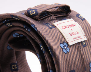 Cruciani & Bella 100% Silk Jacquard  Brown, Blue, Yellow and Light Blue Flowers Tie Handmade in Italy 8 cm x 150 cm #4478