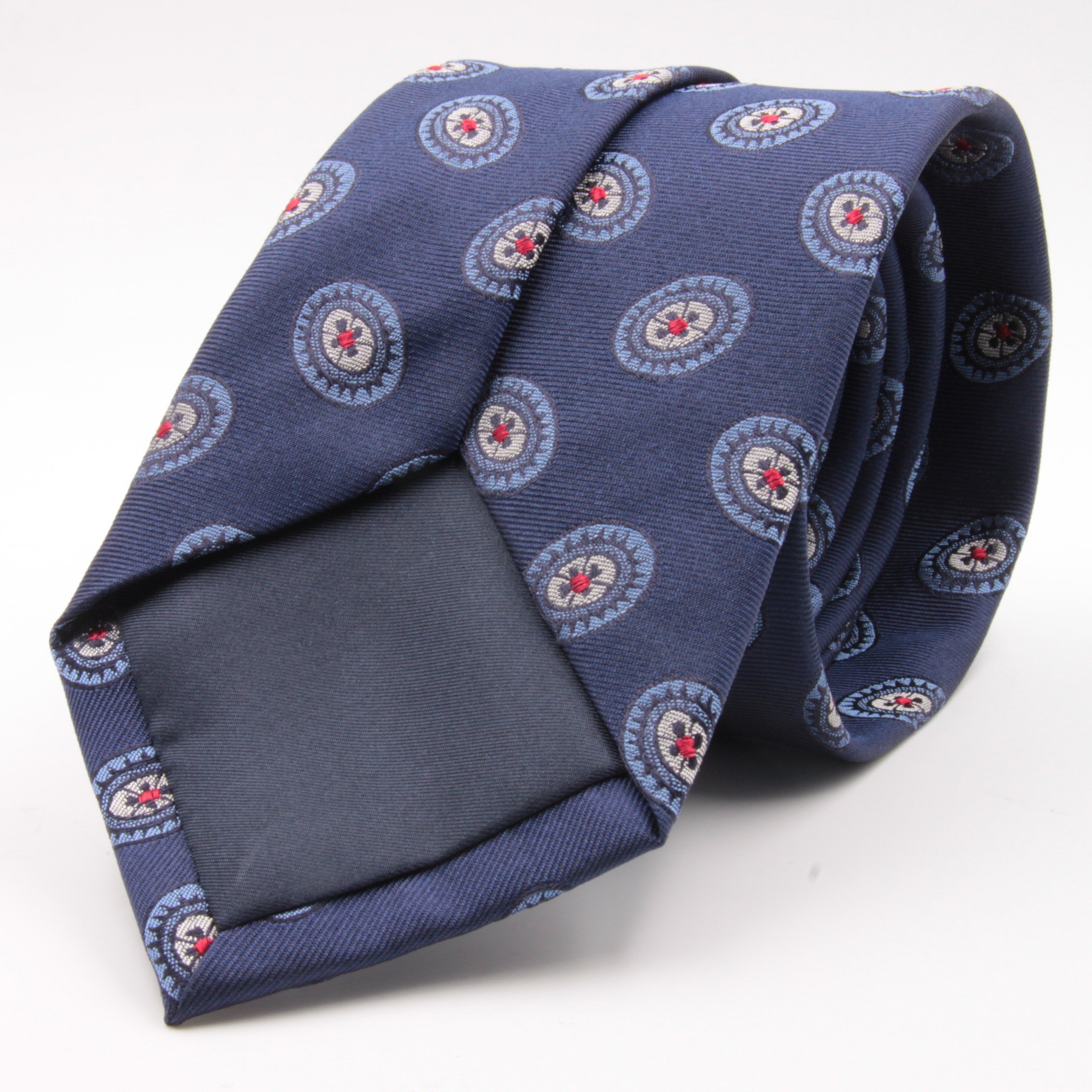Cruciani & Bella 100% Silk Jacquard  Blue, Light Blue, Red and White Medallions Tie Handmade in Italy 8 cm x 150 cm #3779  