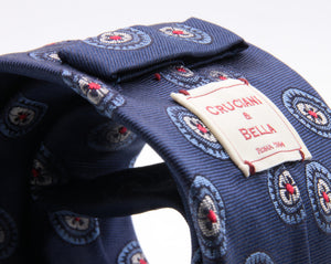 Cruciani & Bella 100% Silk Jacquard  Blue, Light Blue, Red and White Medallions Tie Handmade in Italy 8 cm x 150 cm #3779  