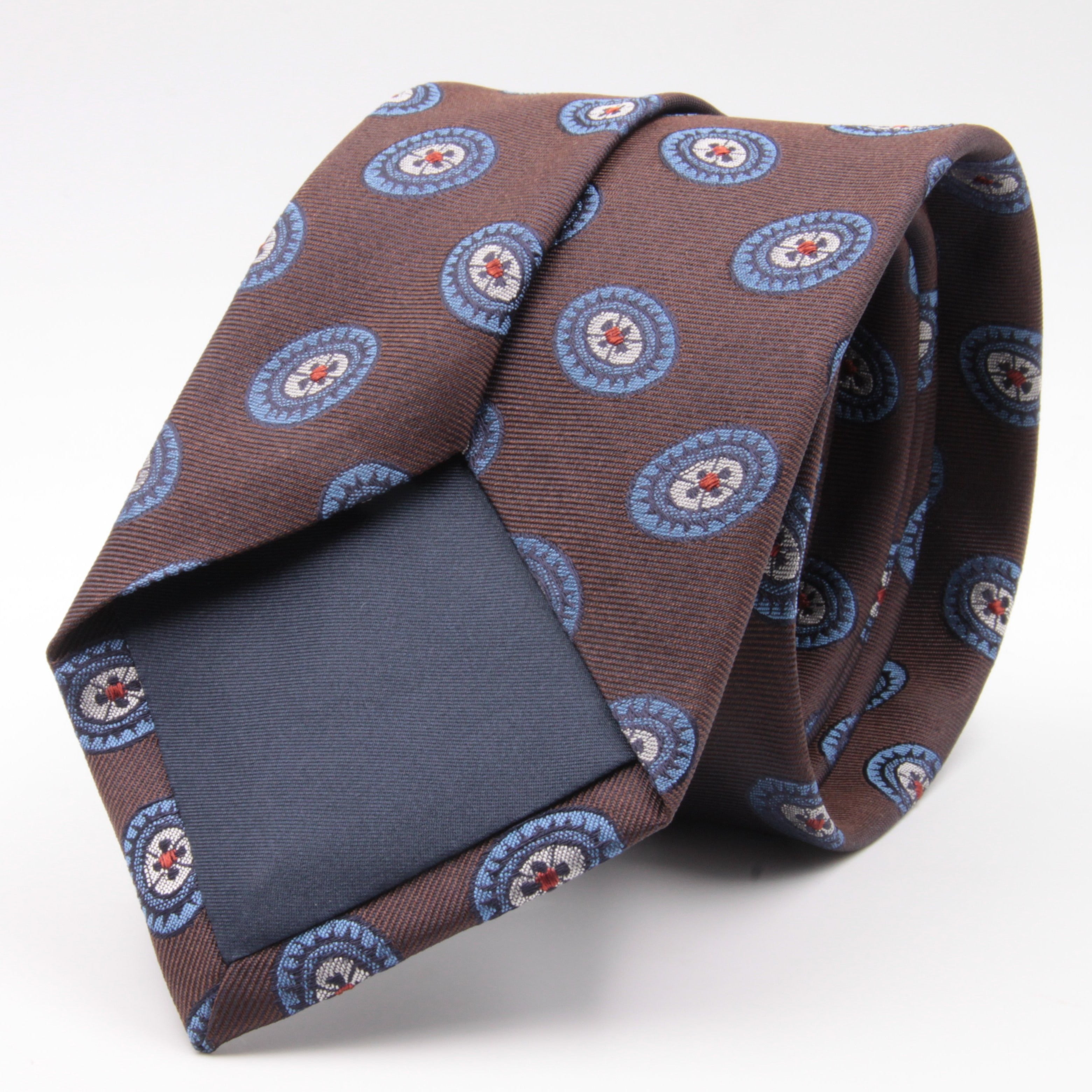 Cruciani & Bella 100% Silk Jacquard  Brown, Light Blue, Red and White Medallions Tie Handmade in Italy 8 cm x 150 cm #3780