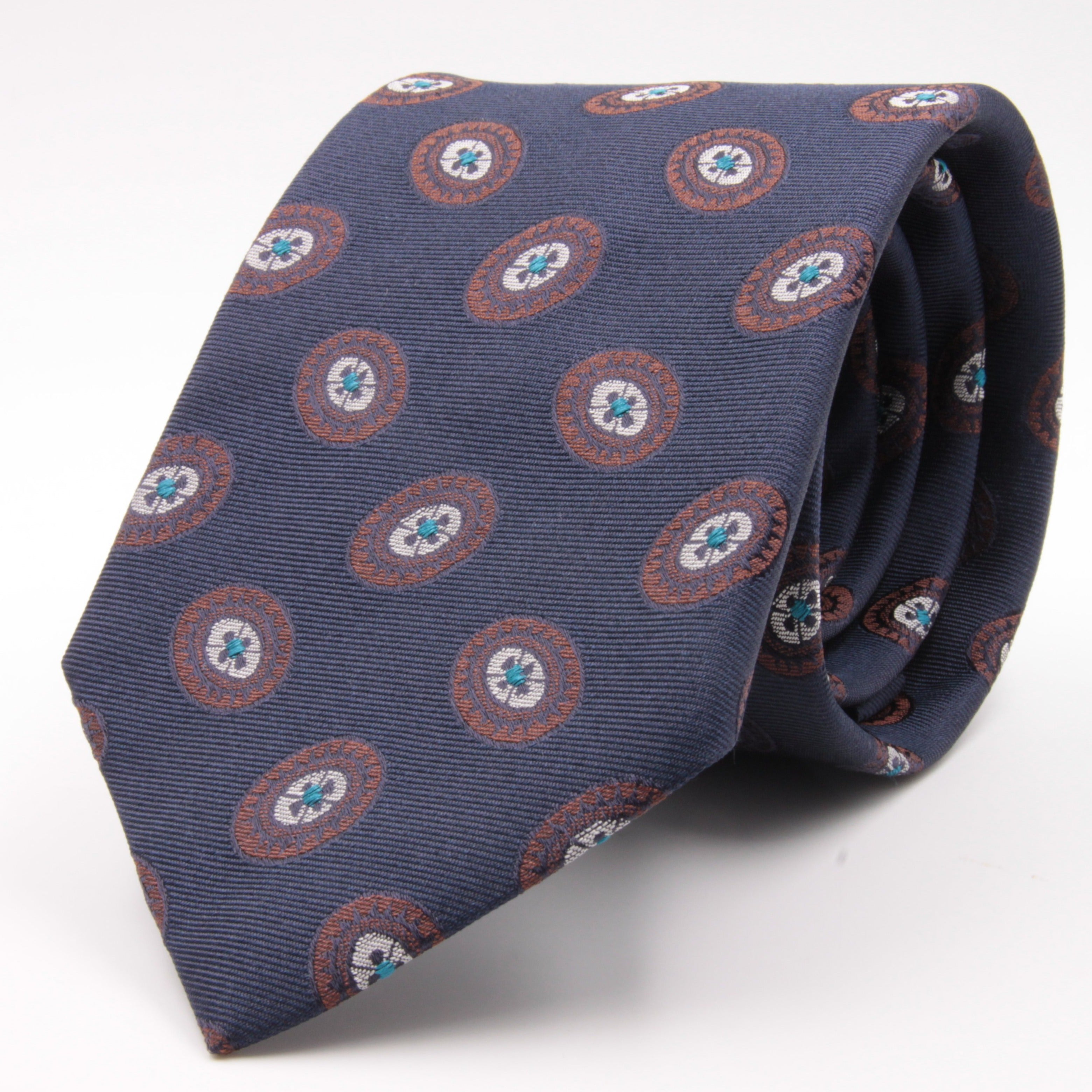 Cruciani & Bella 100% Silk Jacquard  Blue, Brown, Turquoise and White Medallions Tie Handmade in Italy 8 cm x 150 cm #3781  