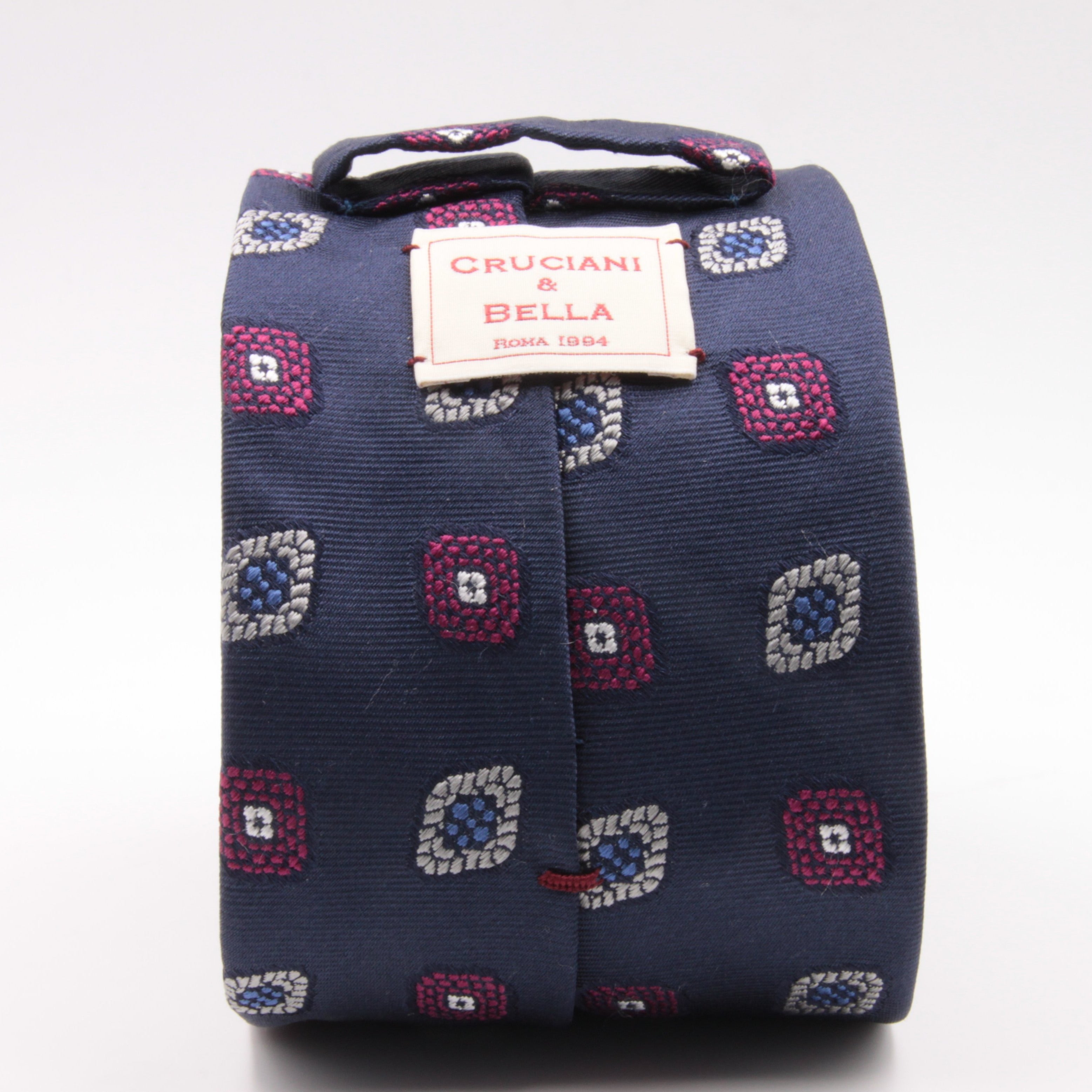 Cruciani & Bella 100% Silk Jacquard  Blue, Magenta, Light Blue and White Medallions Tie Handmade in Italy 8 cm x 150 cm #4482