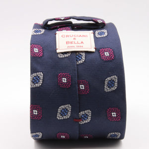 Cruciani & Bella 100% Silk Jacquard  Blue, Magenta, Light Blue and White Medallions Tie Handmade in Italy 8 cm x 150 cm #4482
