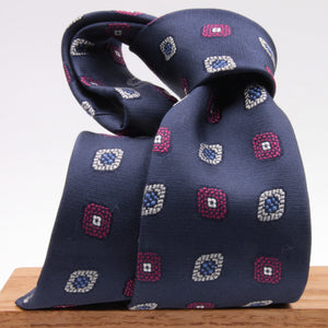 Cruciani & Bella 100% Silk Jacquard  Blue, Magenta, Light Blue and White Medallions Tie Handmade in Italy 8 cm x 150 cm #4482