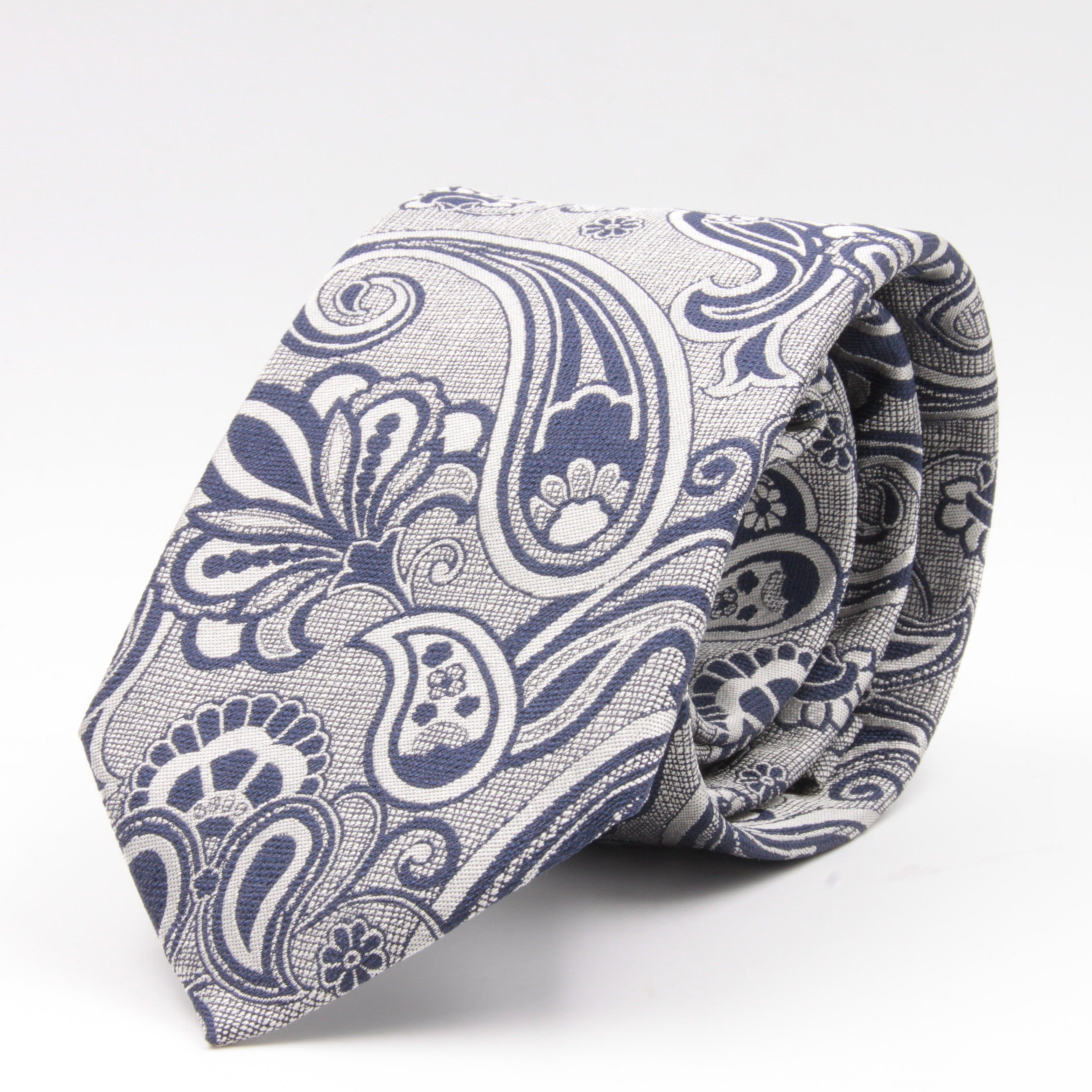 Cruciani & Bella 100% Silk Jacquard  Light Silver and Blue Paisley Tie Handmade in Italy 8 cm x 150 cm #4406  