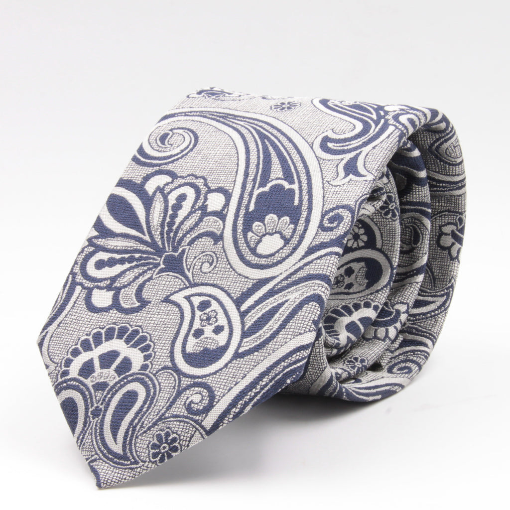 Cruciani & Bella 100% Silk Jacquard  Light Silver and Blue Paisley Tie Handmade in Italy 8 cm x 150 cm #4406  