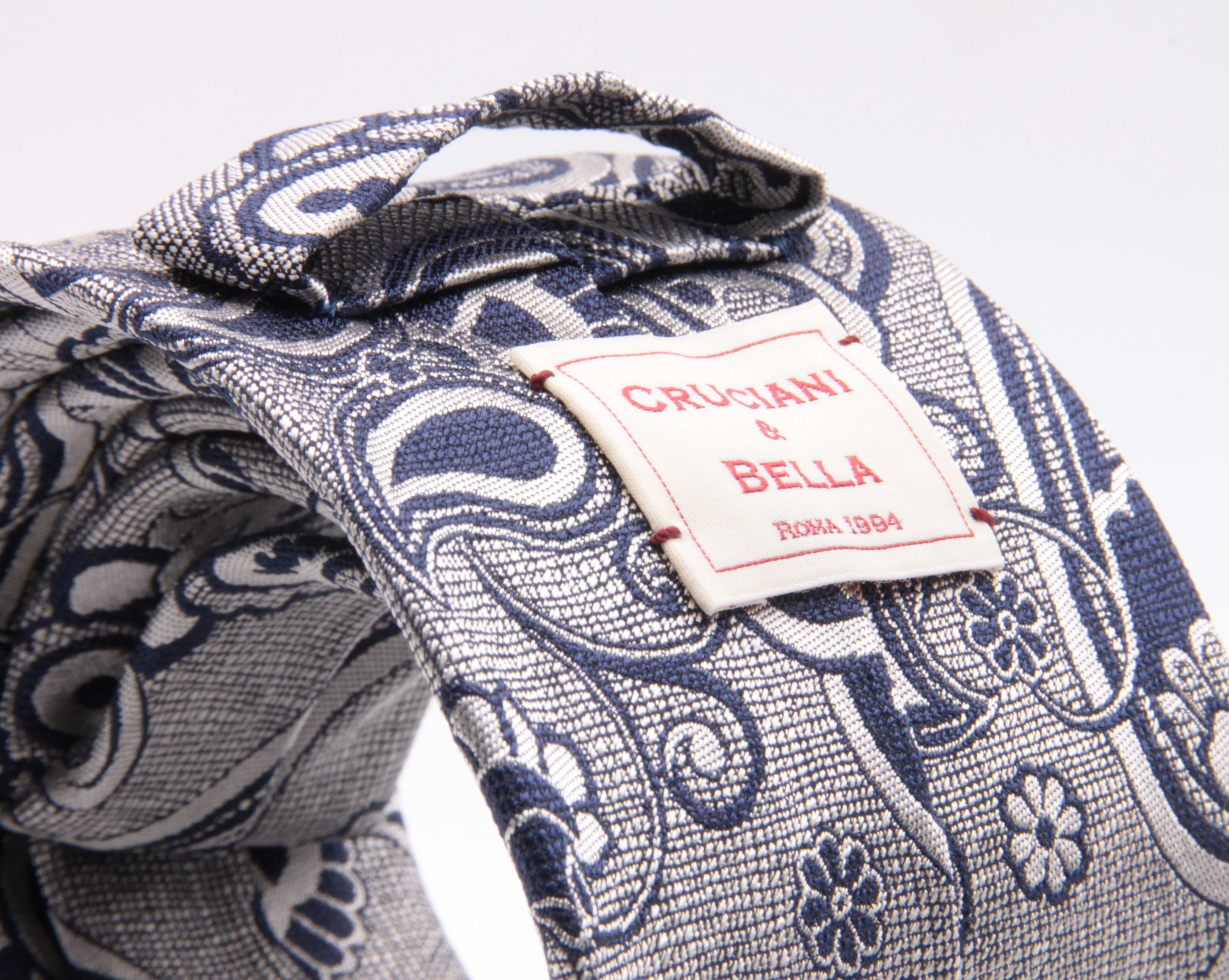 Cruciani & Bella 100% Silk Jacquard  Light Silver and Blue Paisley Tie Handmade in Italy 8 cm x 150 cm #4406  