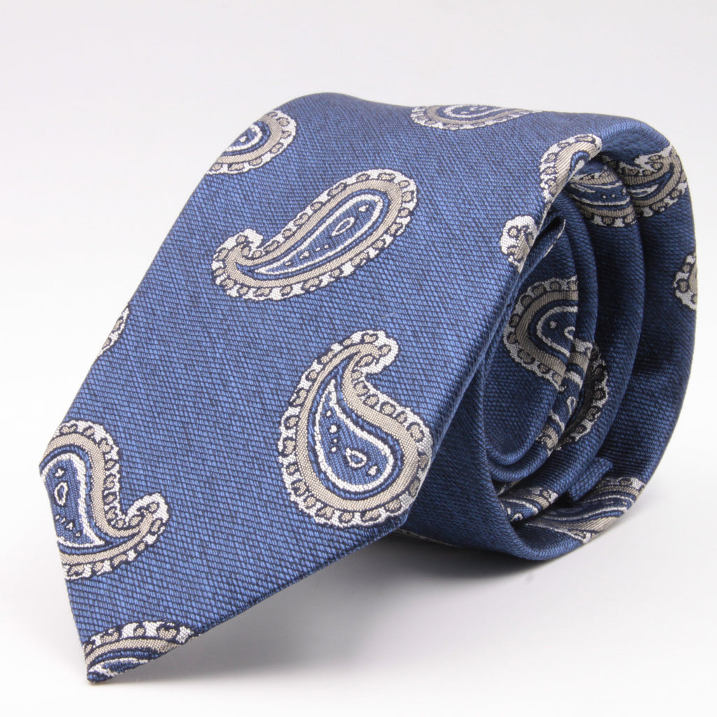 Cruciani & Bella 100% Silk Jacquard  Tipped Denim blue, White and Grey Paisley Tie Handmade in Italy 8 cm x 150 cm #4448  
