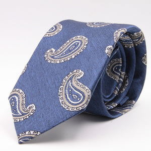 Cruciani & Bella 100% Silk Jacquard  Tipped Denim blue, White and Grey Paisley Tie Handmade in Italy 8 cm x 150 cm #4448  