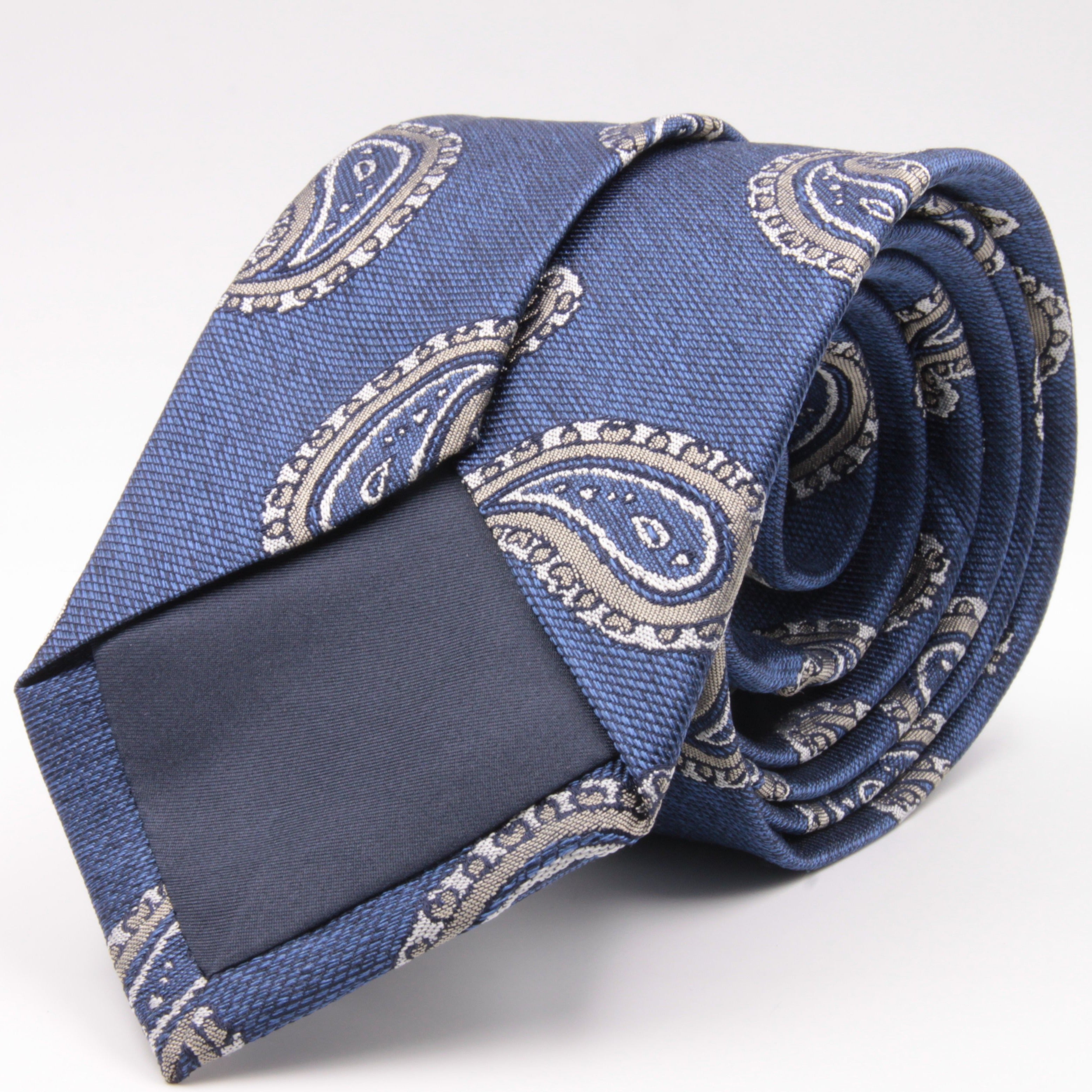 Cruciani & Bella 100% Silk Jacquard  Tipped Denim blue, White and Grey Paisley Tie Handmade in Italy 8 cm x 150 cm #4448  