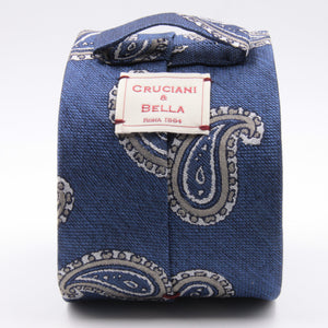 Cruciani & Bella 100% Silk Jacquard  Tipped Denim blue, White and Grey Paisley Tie Handmade in Italy 8 cm x 150 cm #4448  