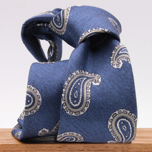 Cruciani & Bella 100% Silk Jacquard  Tipped Denim blue, White and Grey Paisley Tie Handmade in Italy 8 cm x 150 cm #4448  