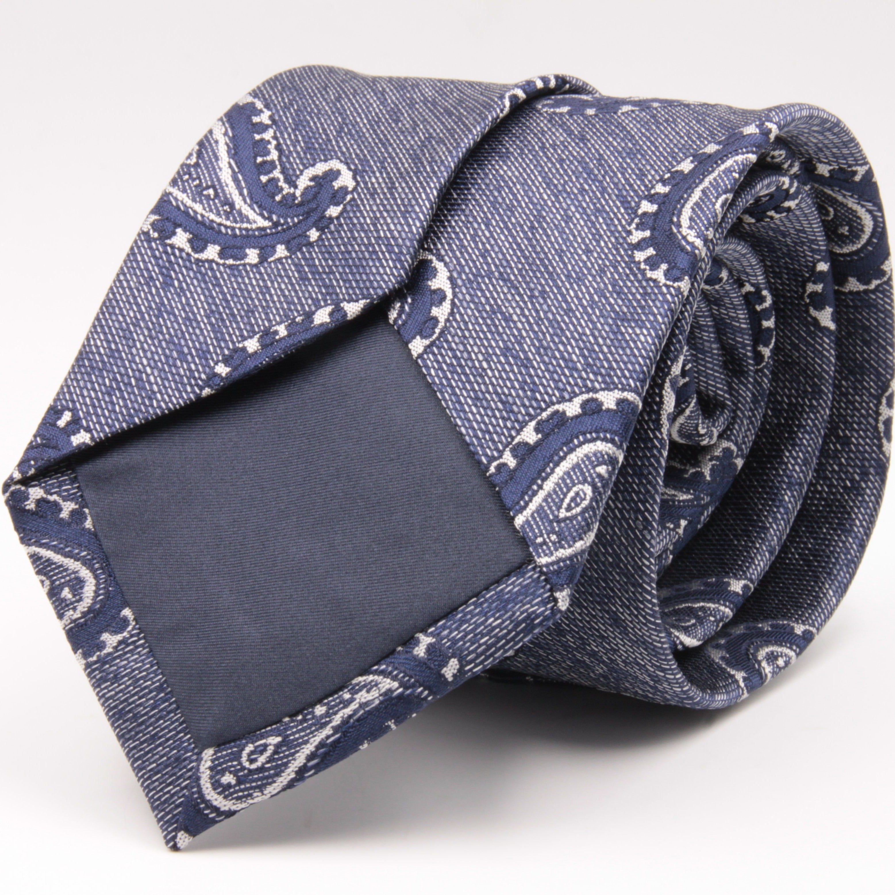 Cruciani & Bella 100% Silk Jacquard  Tipped Blue melange and White Paisley Tie Handmade in Italy 8 cm x 150 cm #4449  