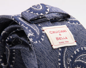 Cruciani & Bella 100% Silk Jacquard  Tipped Blue melange and White Paisley Tie Handmade in Italy 8 cm x 150 cm #4449  