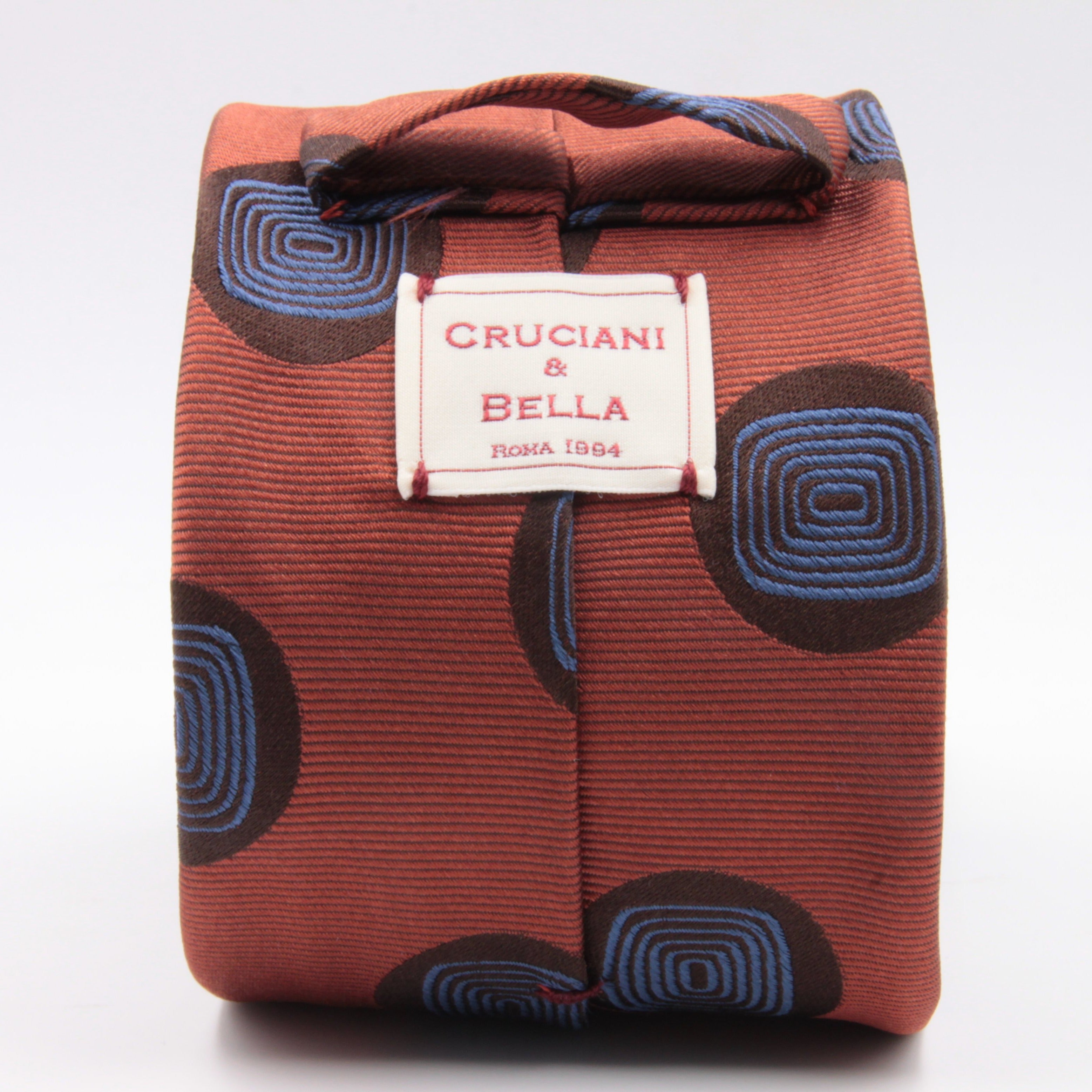 Cruciani & Bella 100% Silk Jacquard  Tipped Orange and Sky-Blue Medallions Tie Handmade in Italy 8 cm x 150 cm #3776