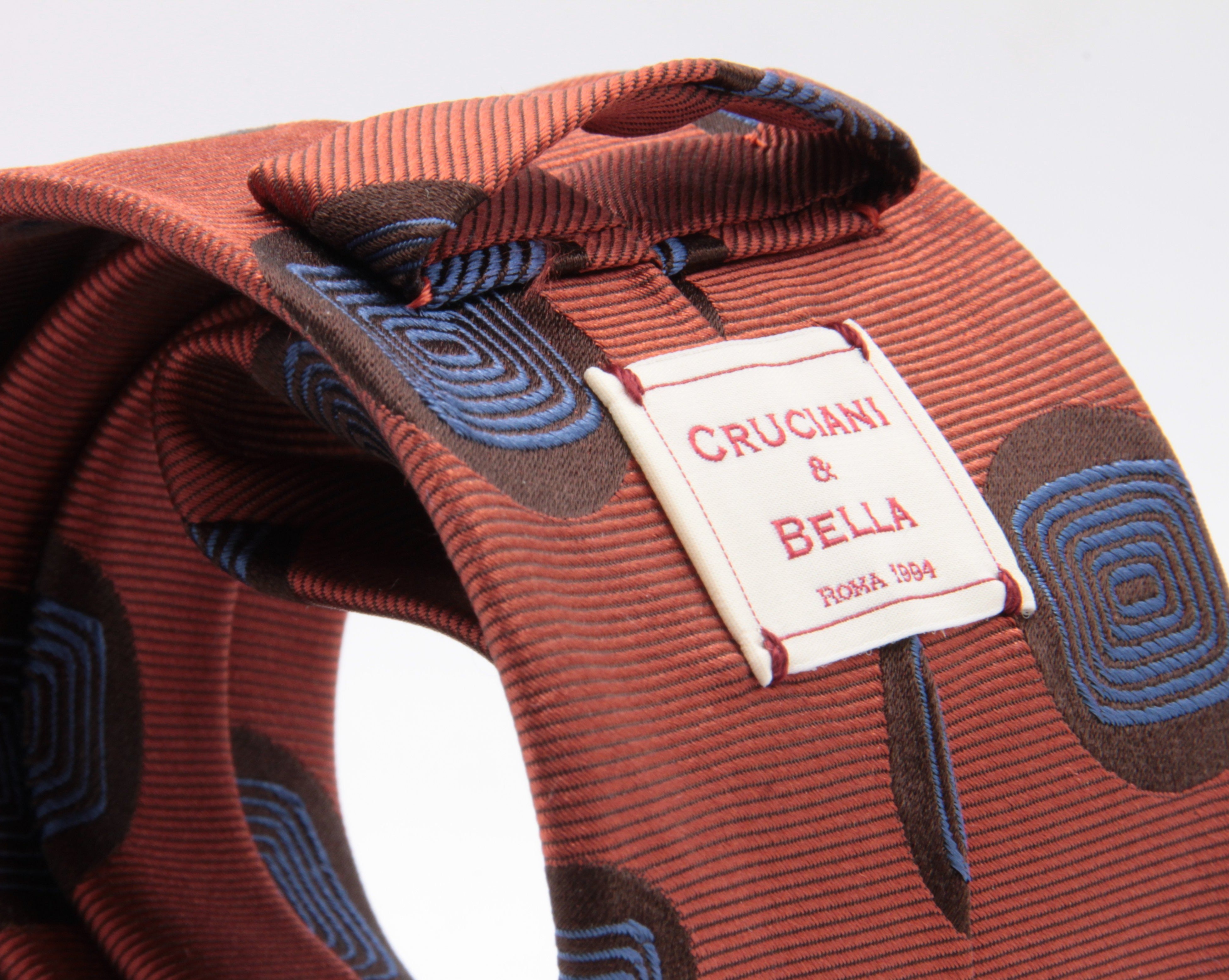 Cruciani & Bella 100% Silk Jacquard  Tipped Orange and Sky-Blue Medallions Tie Handmade in Italy 8 cm x 150 cm #3776