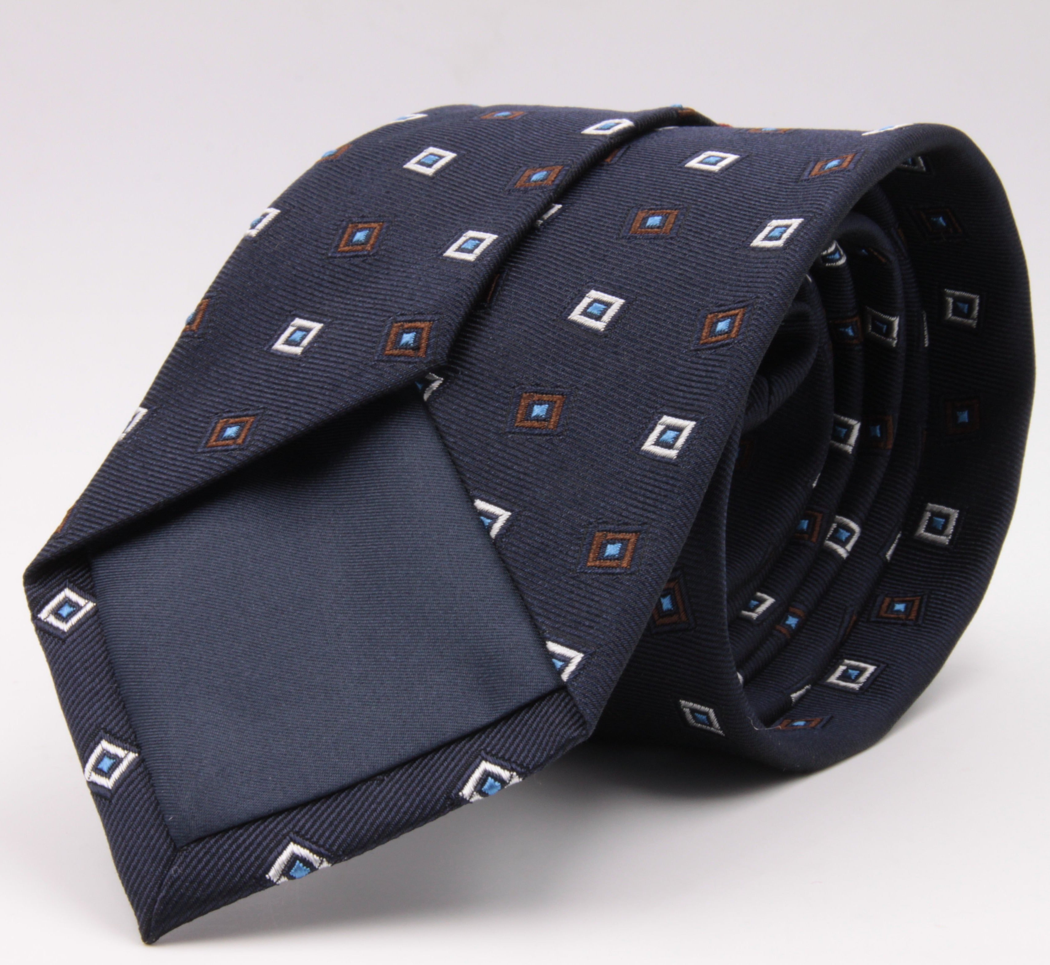 Cruciani & Bella 100% Silk Jacquard  Tipped Blue, White, Brown, and Light Blue Square Motif  Tie Handmade in Italy 8 cm x 150 cm #3133