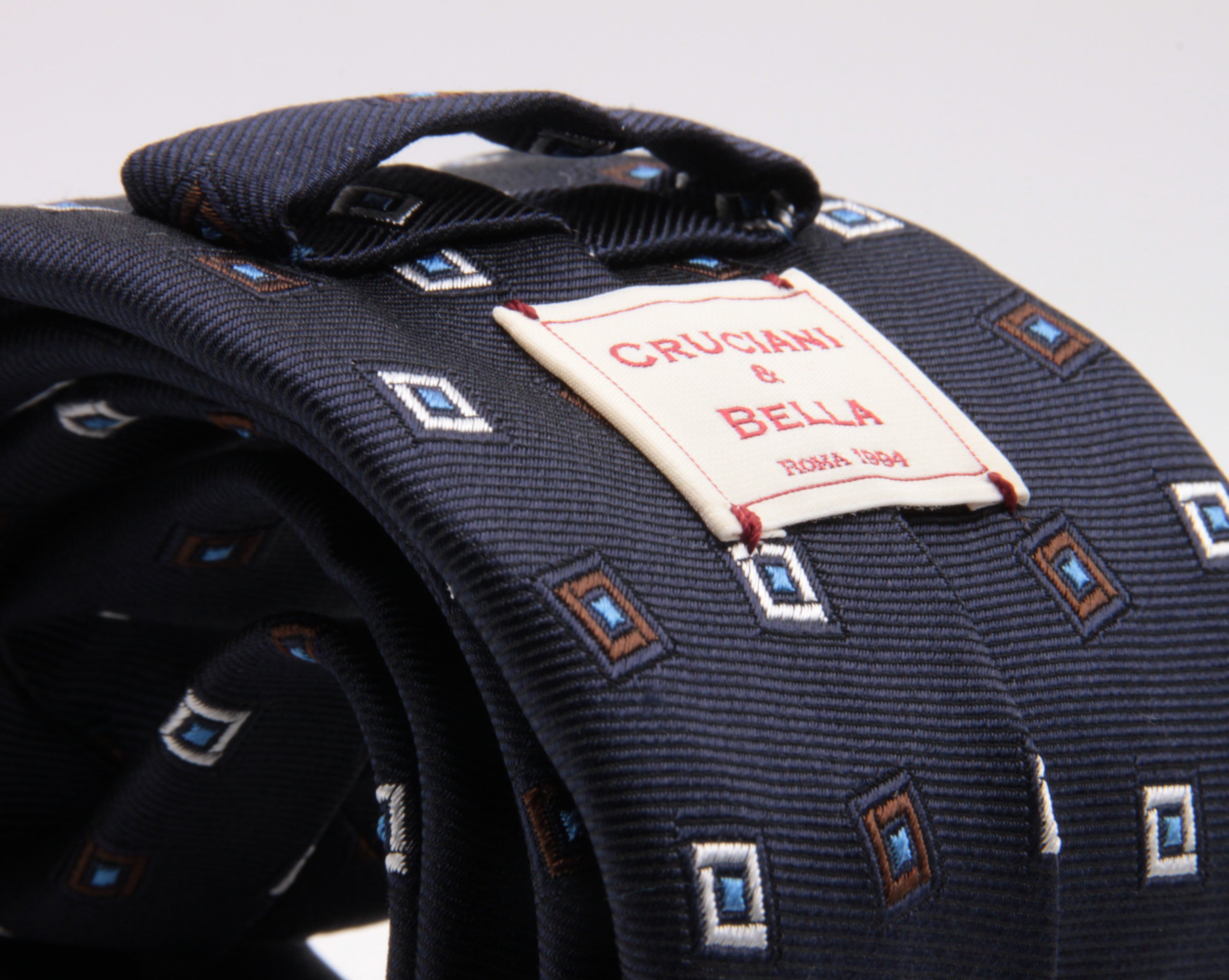 Cruciani & Bella 100% Silk Jacquard  Tipped Blue, White, Brown, and Light Blue Square Motif  Tie Handmade in Italy 8 cm x 150 cm #3133