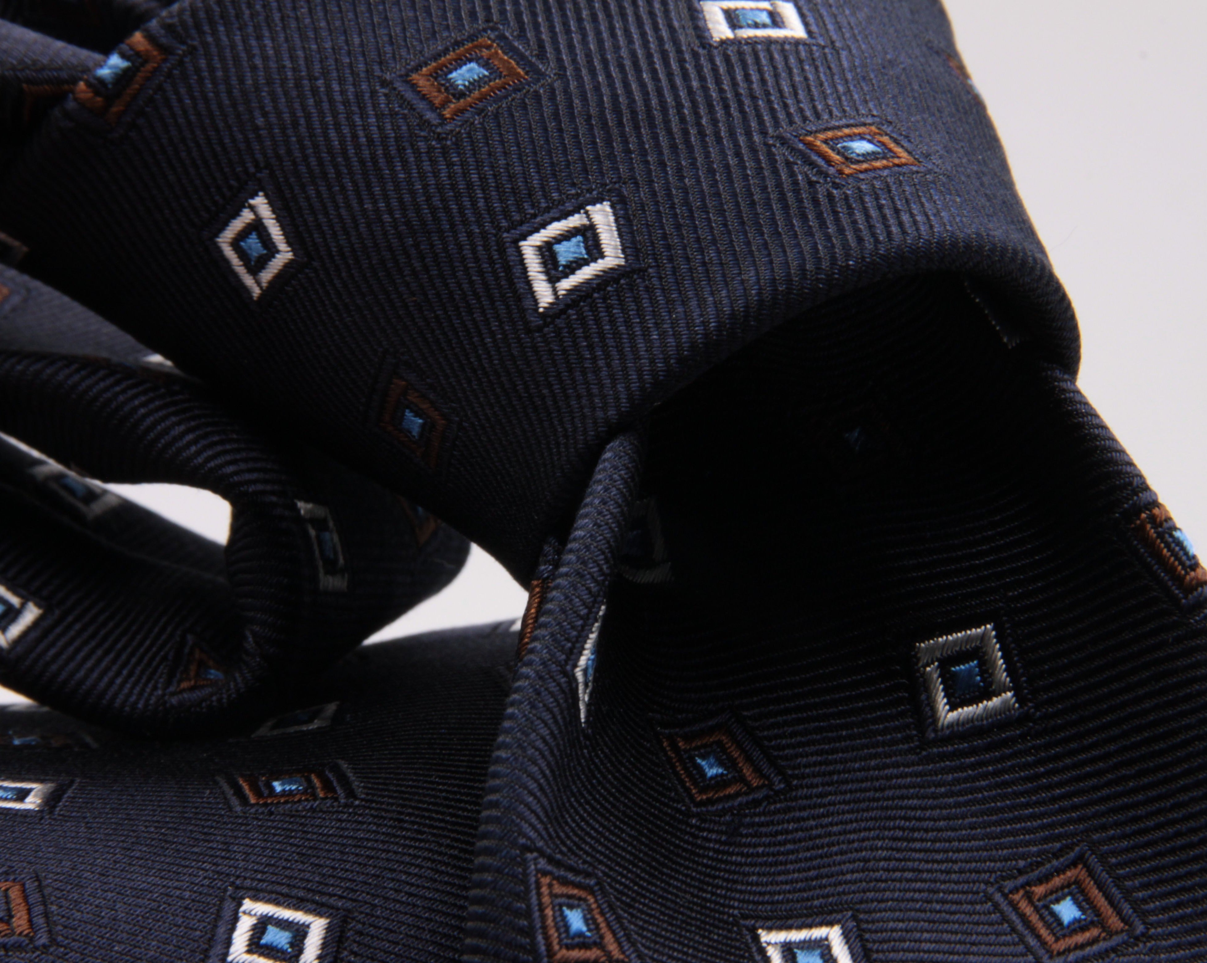 Cruciani & Bella 100% Silk Jacquard  Tipped Blue, White, Brown, and Light Blue Square Motif  Tie Handmade in Italy 8 cm x 150 cm #3133
