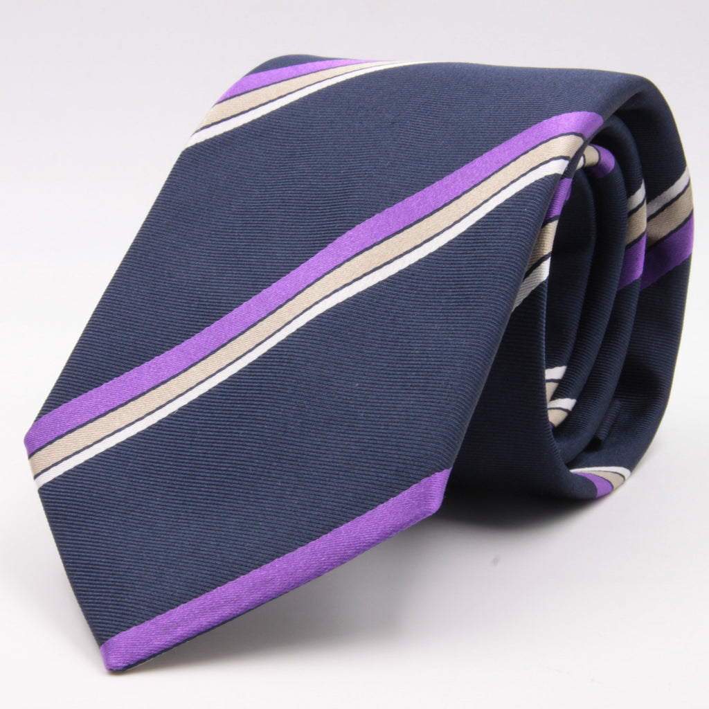 Cruciani & Bella 100% Silk Jacquard  Tipped Blue, Purple, Beige and White Striped Tie Handmade in Italy 8 cm x 150 cm #4443 Options whit final "A"