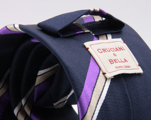 Cruciani & Bella 100% Silk Jacquard  Tipped Blue, Purple, Beige and White Striped Tie Handmade in Italy 8 cm x 150 cm #4443 Options whit final "A"
