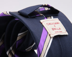 Cruciani & Bella 100% Silk Jacquard  Tipped Blue, Purple, Beige and White Striped Tie Handmade in Italy 8 cm x 150 cm #4443 Options whit final "B"