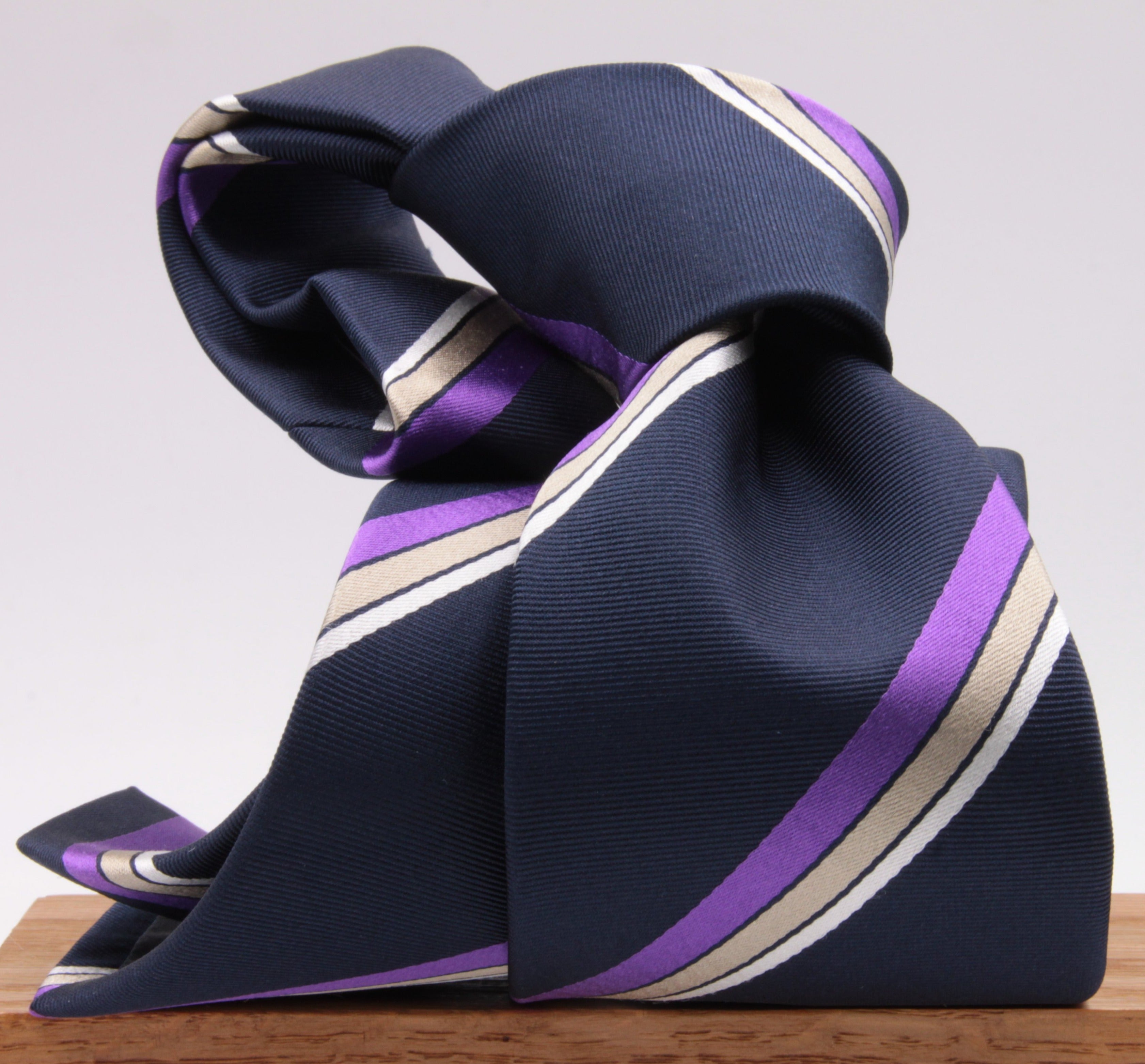 Cruciani & Bella 100% Silk Jacquard  Tipped Blue, Purple, Beige and White Striped Tie Handmade in Italy 8 cm x 150 cm #4443 Options whit final "B"