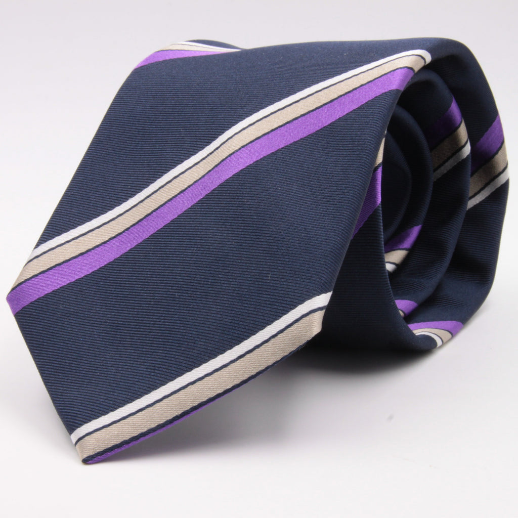 Cruciani & Bella 100% Silk Jacquard  Tipped Blue, Purple, Beige and White Striped Tie Handmade in Italy 8 cm x 150 cm #4443 Options whit final "B"