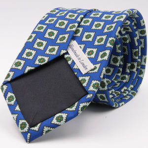 Drake's for Cruciani e Bella 100%  Printed Silk Tipped Light Blue, White, Green and Orange Medallion tie 36 oz Handmade in London, England 8 cm x 150 cm #4590