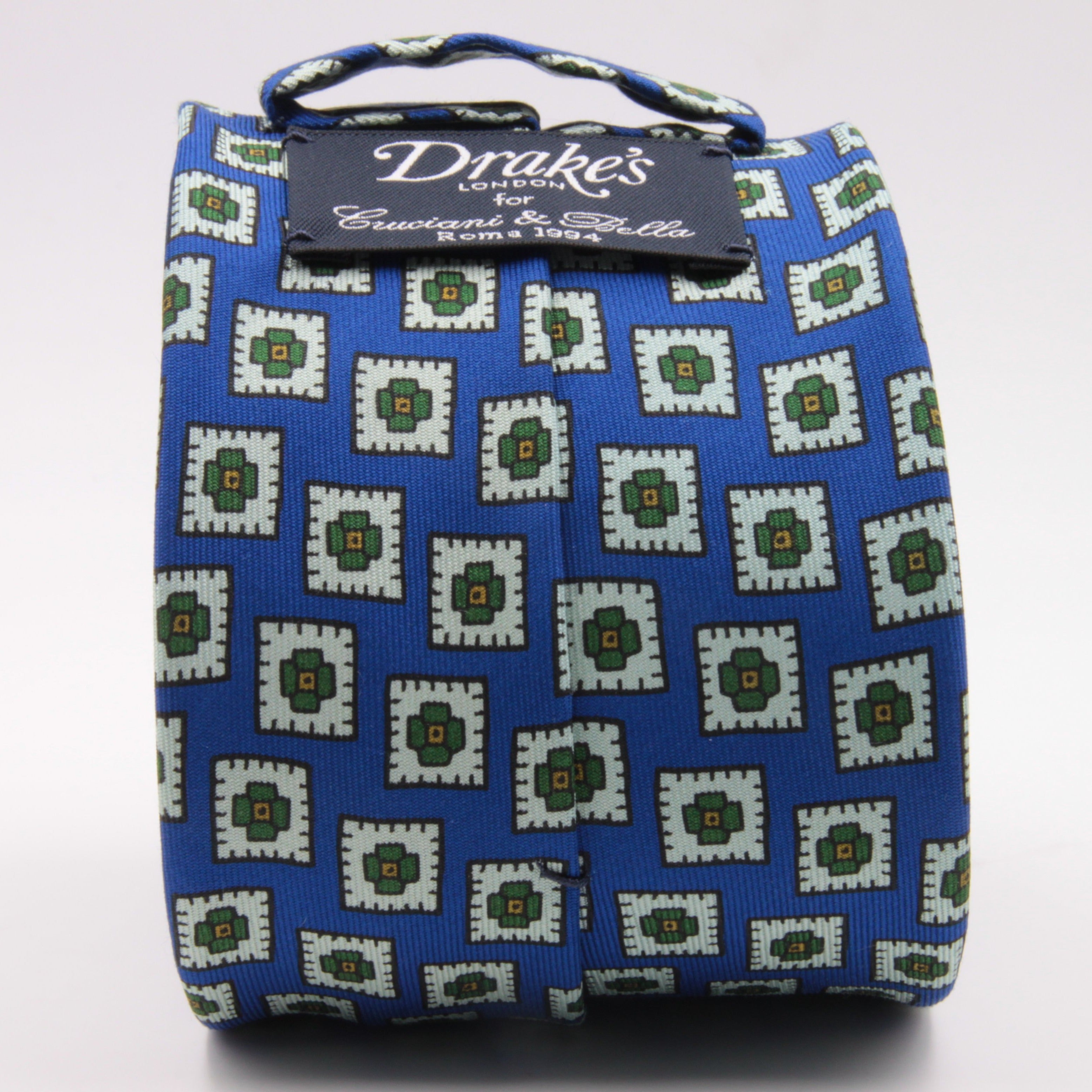 Drake's for Cruciani e Bella 100%  Printed Silk Tipped Light Blue, White, Green and Orange Medallion tie 36 oz Handmade in London, England 8 cm x 150 cm #4590