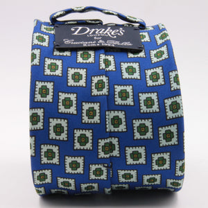 Drake's for Cruciani e Bella 100%  Printed Silk Tipped Light Blue, White, Green and Orange Medallion tie 36 oz Handmade in London, England 8 cm x 150 cm #4590