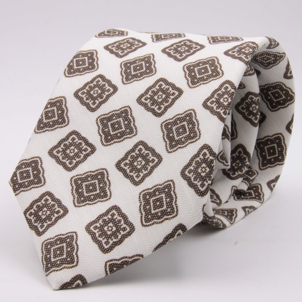 Drake's for Cruciani e Bella Printed 60% Silk 40% Linen Self-Tipped White and Brown Medallion Tie Handmade in London, England 8 cm x 149 cm #5425