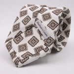 Drake's for Cruciani e Bella Printed 60% Silk 40% Linen Self-Tipped White and Brown Medallion Tie Handmade in London, England 8 cm x 149 cm #5425